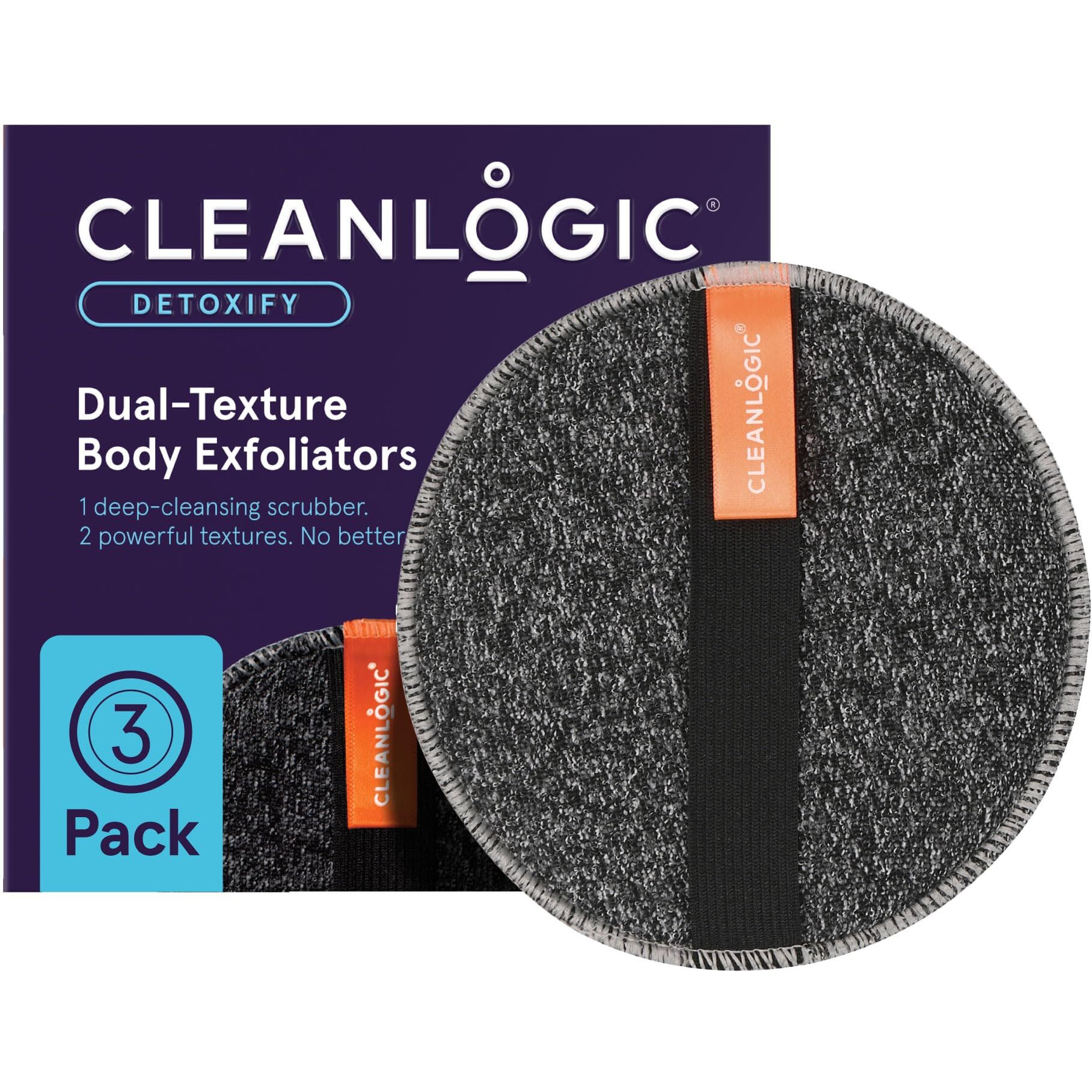 Cleanlogic Detoxify Purifying Charcoal Infused Exfoliating Body Scrubber, Dual-Texture Round Exfoliator Tool For Smooth, Clean Skin, Daily Skincare Routine, 3 Count Value Pack