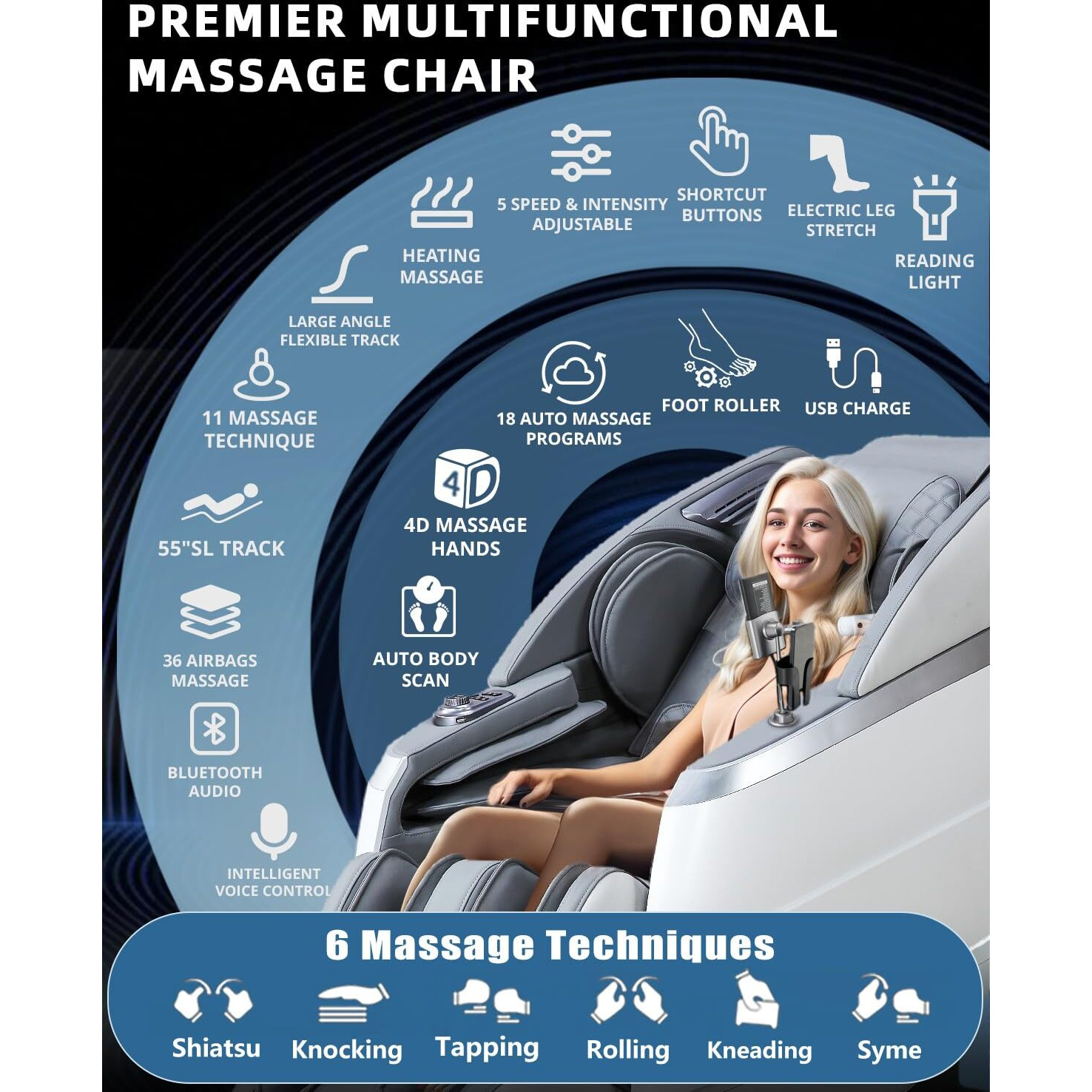 Relaxrelife 4D Full Body Massage Chair With Flexible 166 Track, Reading Light, 18 Massage Modes, 11 Techniques, 36 Airbags, Zero Gravity Recliner With Yoga Stretch And Foot Massage Grey