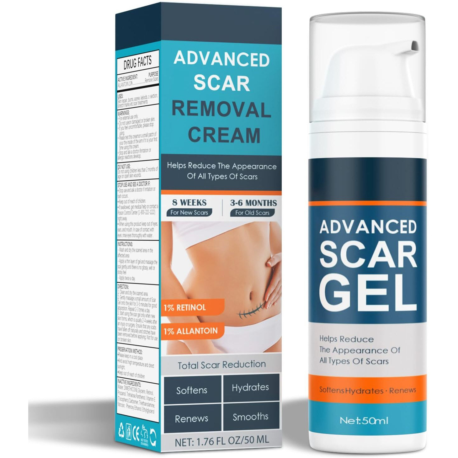 Scar Cream, Advanced Scar Gel For Old & New Scars, Professional Scar Removal Cream For Surgical Scars, Face, Body, Leg, Acne, Stitches, Burns, C-Section, Keloids, 1.76Oz