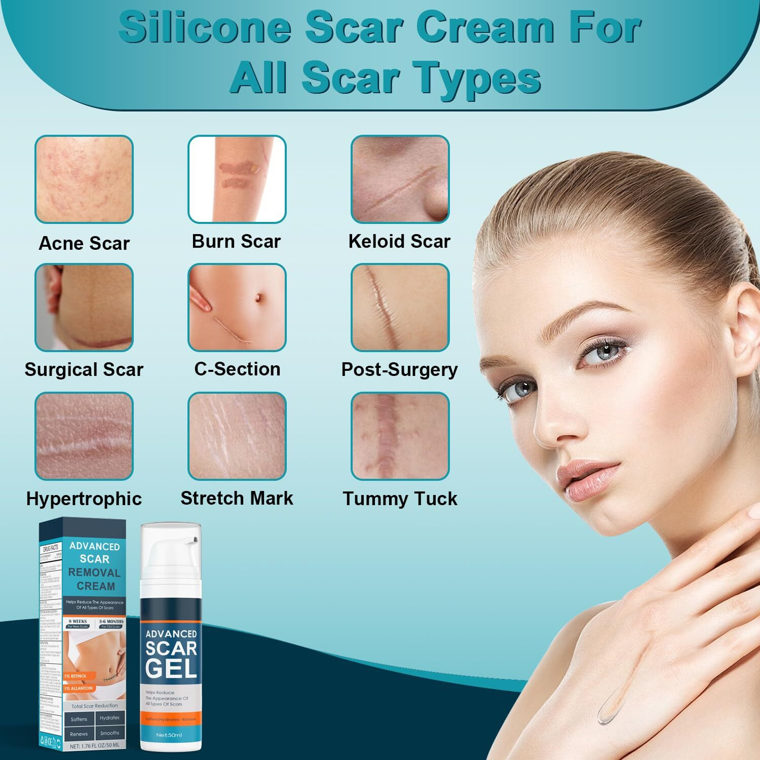 Scar Cream, Advanced Scar Gel For Old & New Scars, Professional Scar Removal Cream For Surgical Scars, Face, Body, Leg, Acne, Stitches, Burns, C-Section, Keloids, 1.76Oz