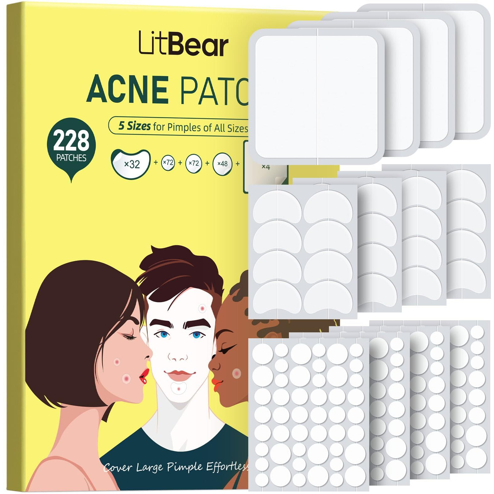 Litbear Pimple Patches For Face, Large Acne Patch, Xl Hydrocolloid Bandages,Zit Stickers For Forehead, Chin, Nose, Body, Back, And Chest (5 Sizes, 228 Pimple Patches)