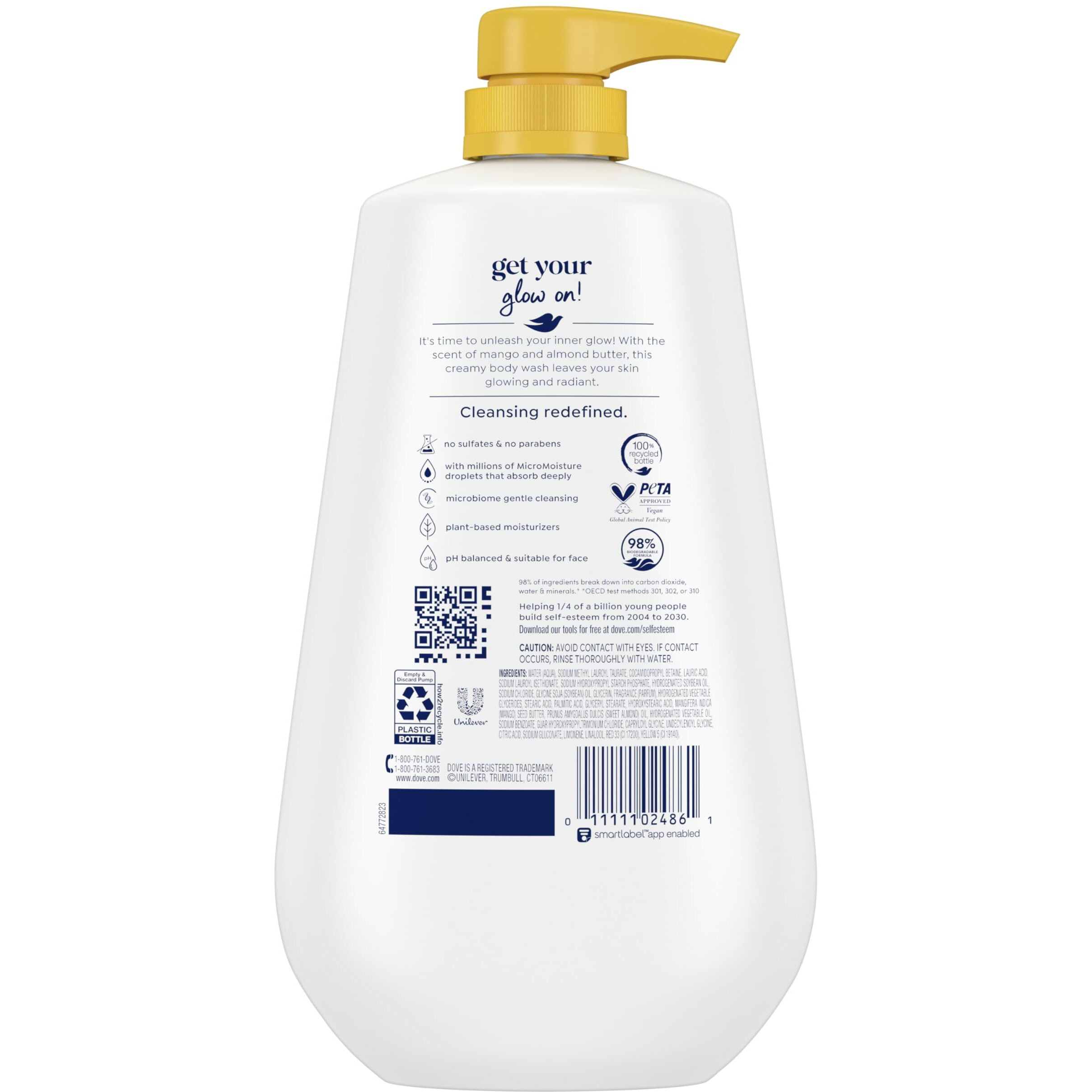 Dove Body Wash With Pump Glow Mango & Almond Butter For 24Hr Lotion-Soft Skin Moisturizing Skin Cleanser With No Sulfates No Parabens 30.6 Oz