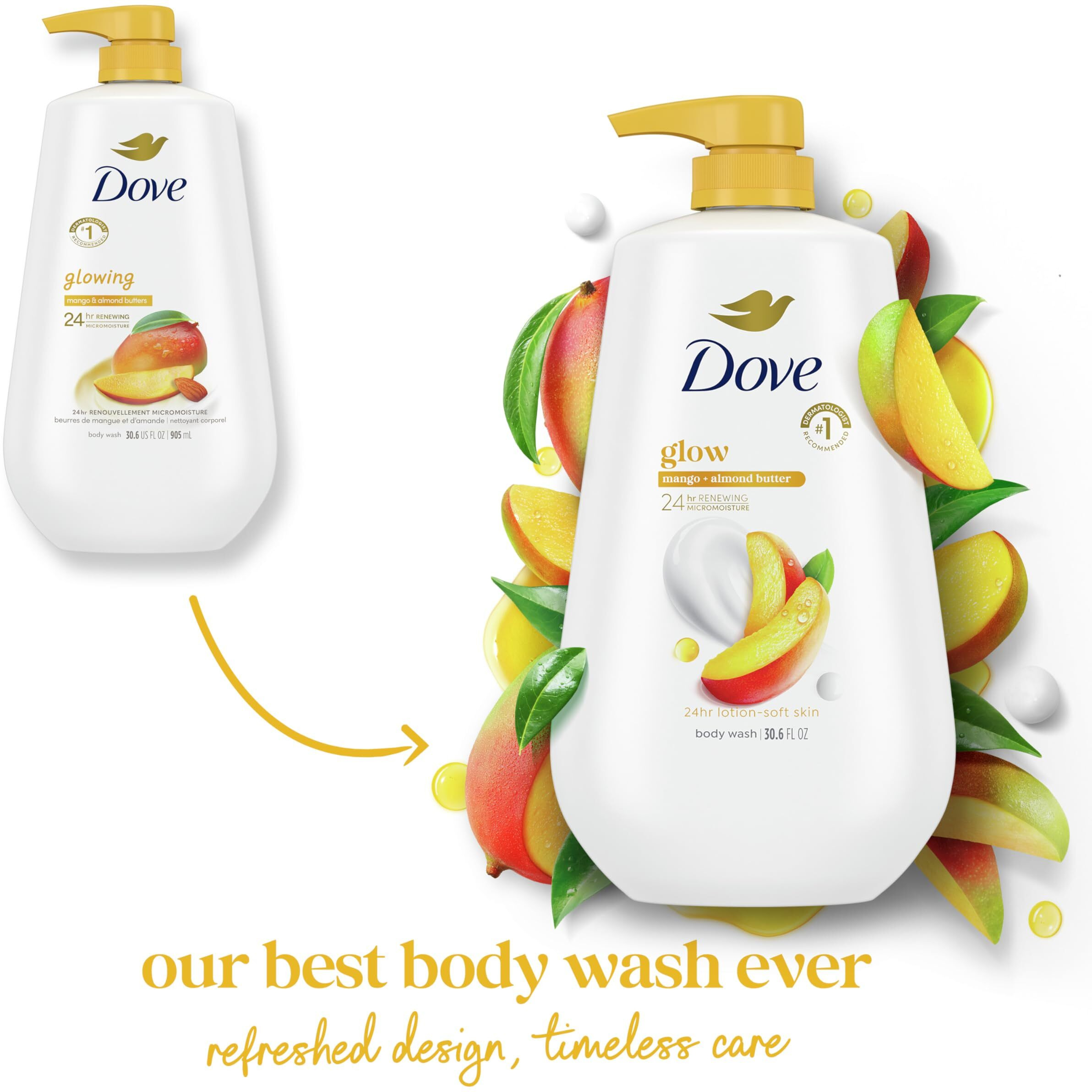 Dove Body Wash With Pump Glow Mango & Almond Butter For 24Hr Lotion-Soft Skin Moisturizing Skin Cleanser With No Sulfates No Parabens 30.6 Oz