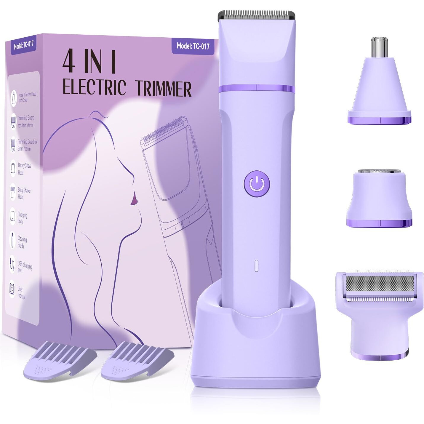 Electric Razors For Women - 4 In 1 Bikini Trimmer For Women, Waterproof Body Pubic Shaver For Womens Wet & Dry Use, Replaceable Facial & Nose Hair Trimmer, Rechargeable Hair Removal Kit, Purple