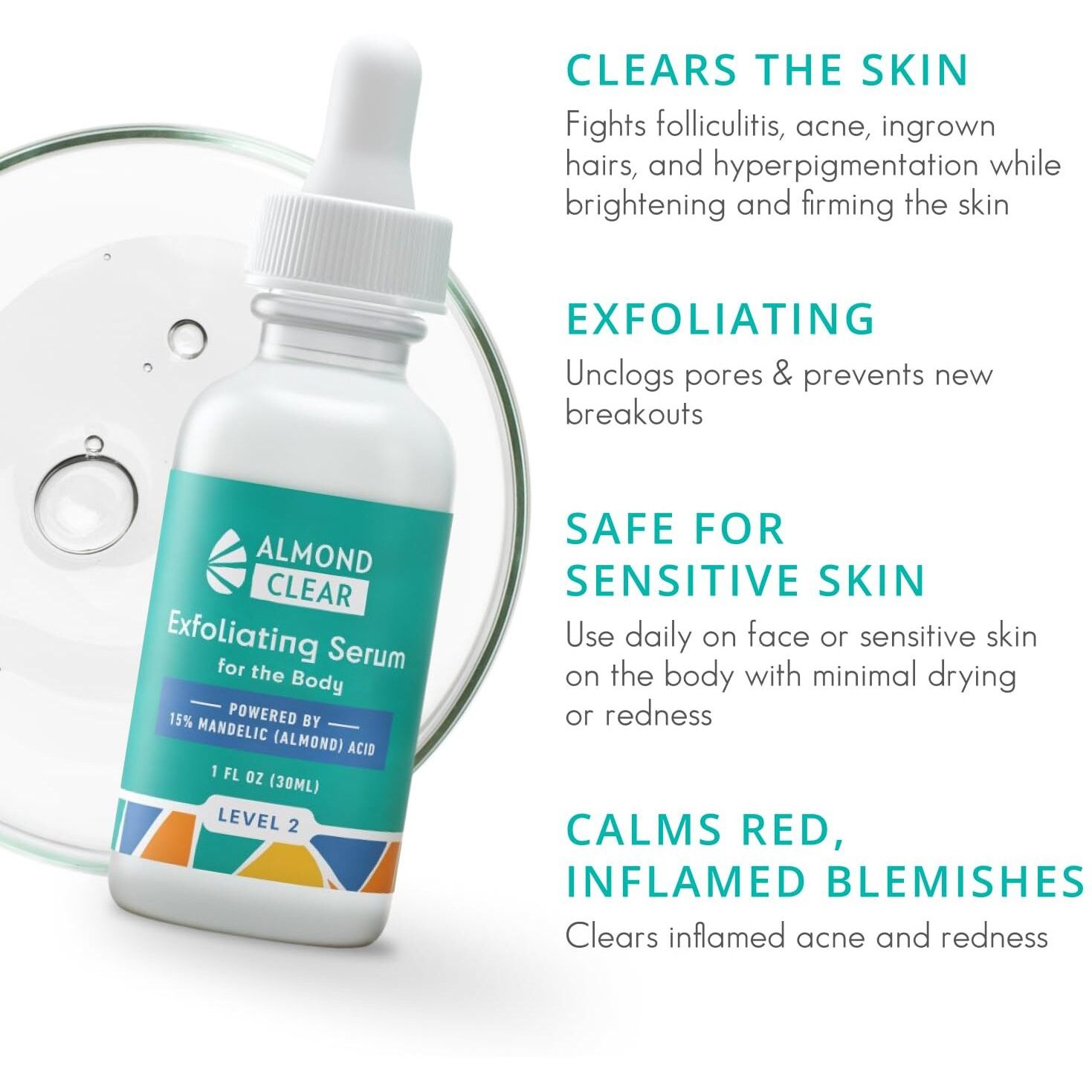 Almond Clear Level 2 Serum | Mandelic Acid Body Serum For Acne, Folliculitis, Aging Skin, Ingrown Hairs, Dark Spots On Face, Chest, Butt, Back, Thighs, Arms | 4 Oz