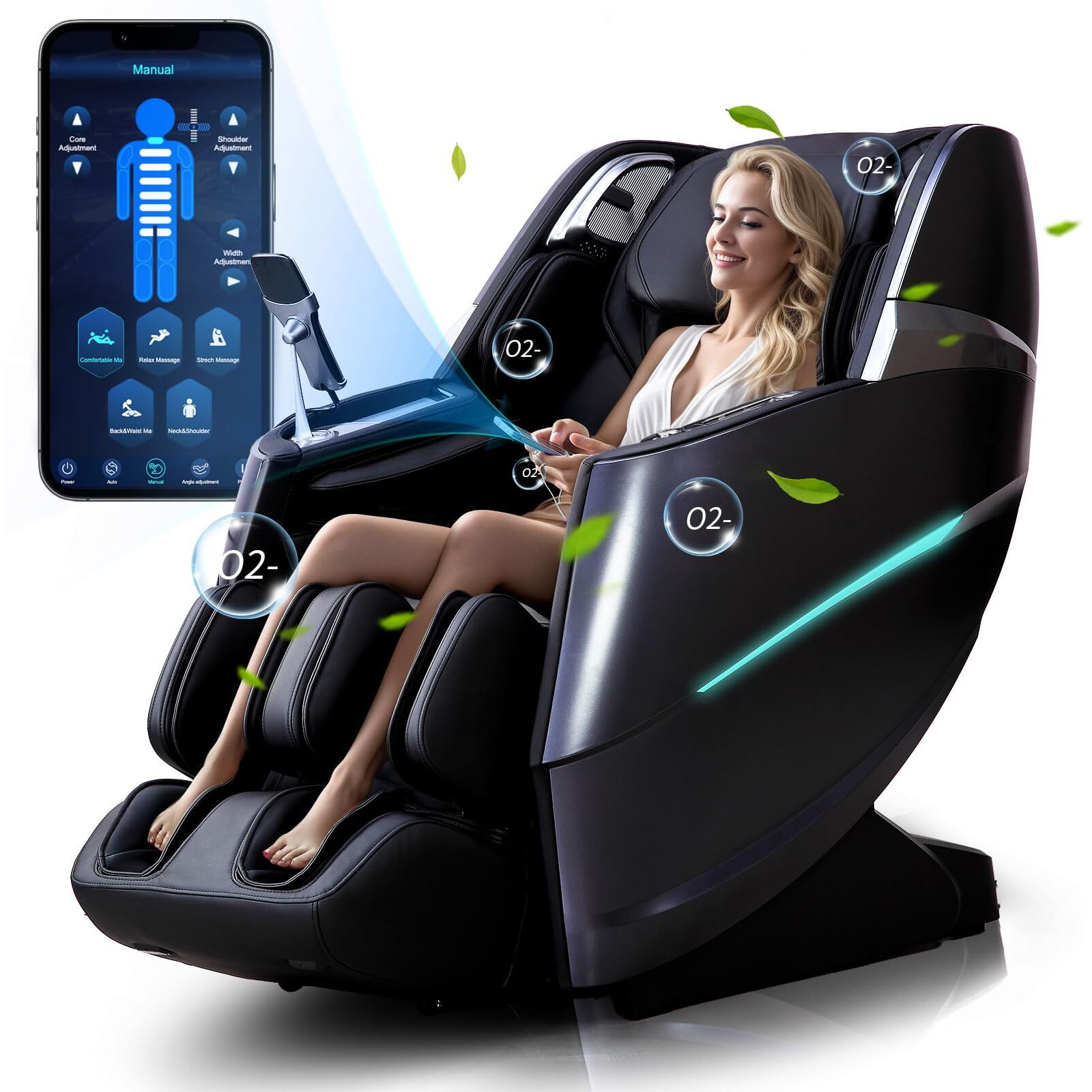 Healthrelife 4D Massage Chair Full Body Zero Gravity Recliner - 55 Sl-Track,20 Auto Modes,11 Massage Technique,40 Airbags Massage,With Yoga Stretch,App Control,Negative Oxygen Lons (Black)