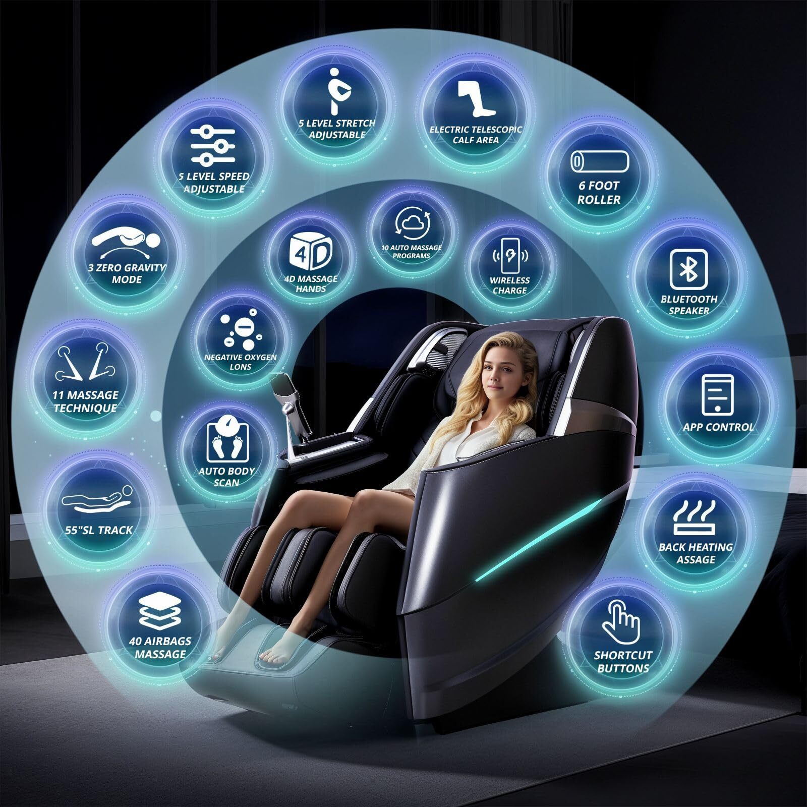 Healthrelife 4D Massage Chair Full Body Zero Gravity Recliner - 55 Sl-Track,20 Auto Modes,11 Massage Technique,40 Airbags Massage,With Yoga Stretch,App Control,Negative Oxygen Lons (Black)