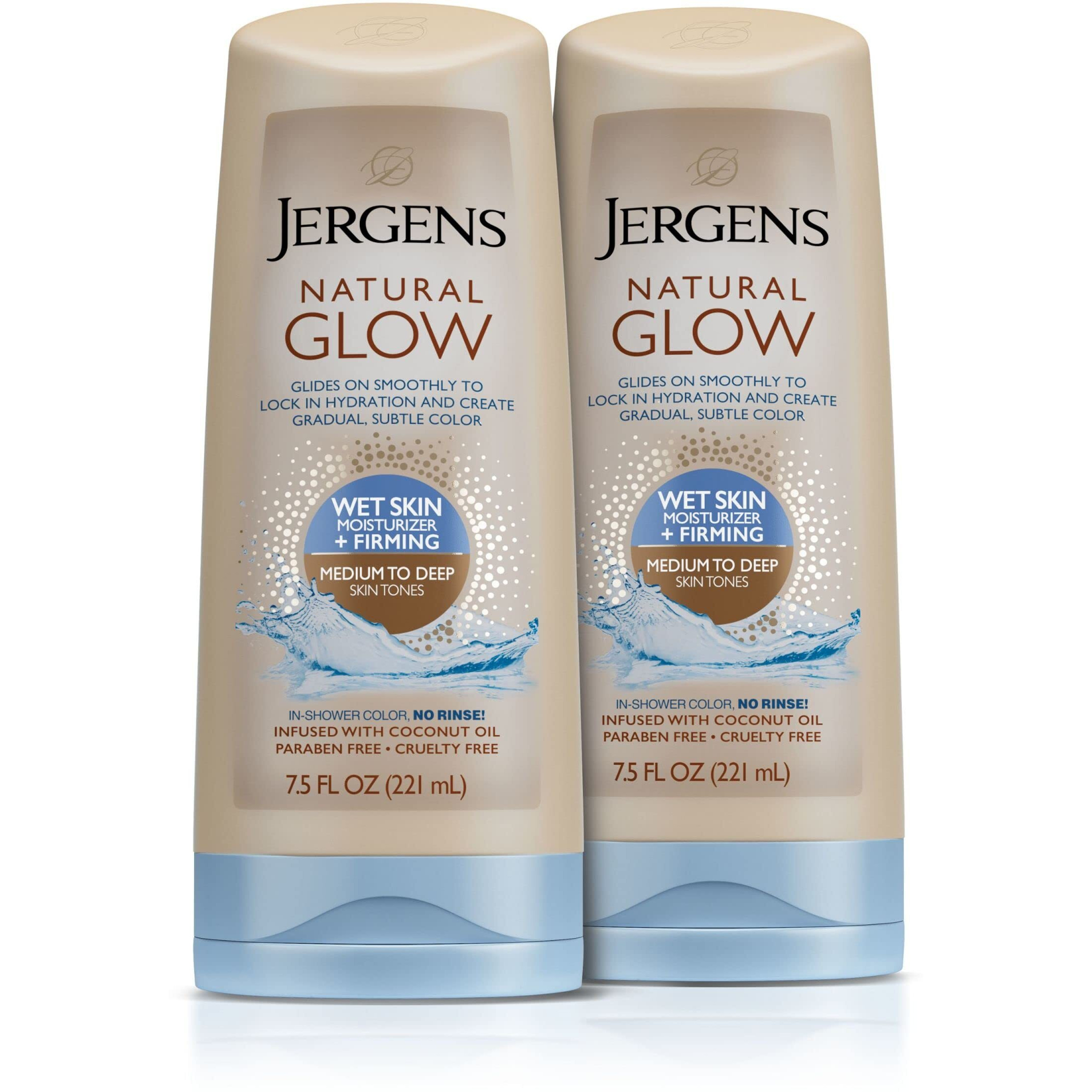 Jergens Natural Glow +Firming In-Shower Self Tanner Body Lotion, Sunless Tanning For Medium To Tan Skin Tone, Anti Cellulite Firming Moisturizer, Gradual Fake Tan, 7.5 Ounce (Pack Of 2)