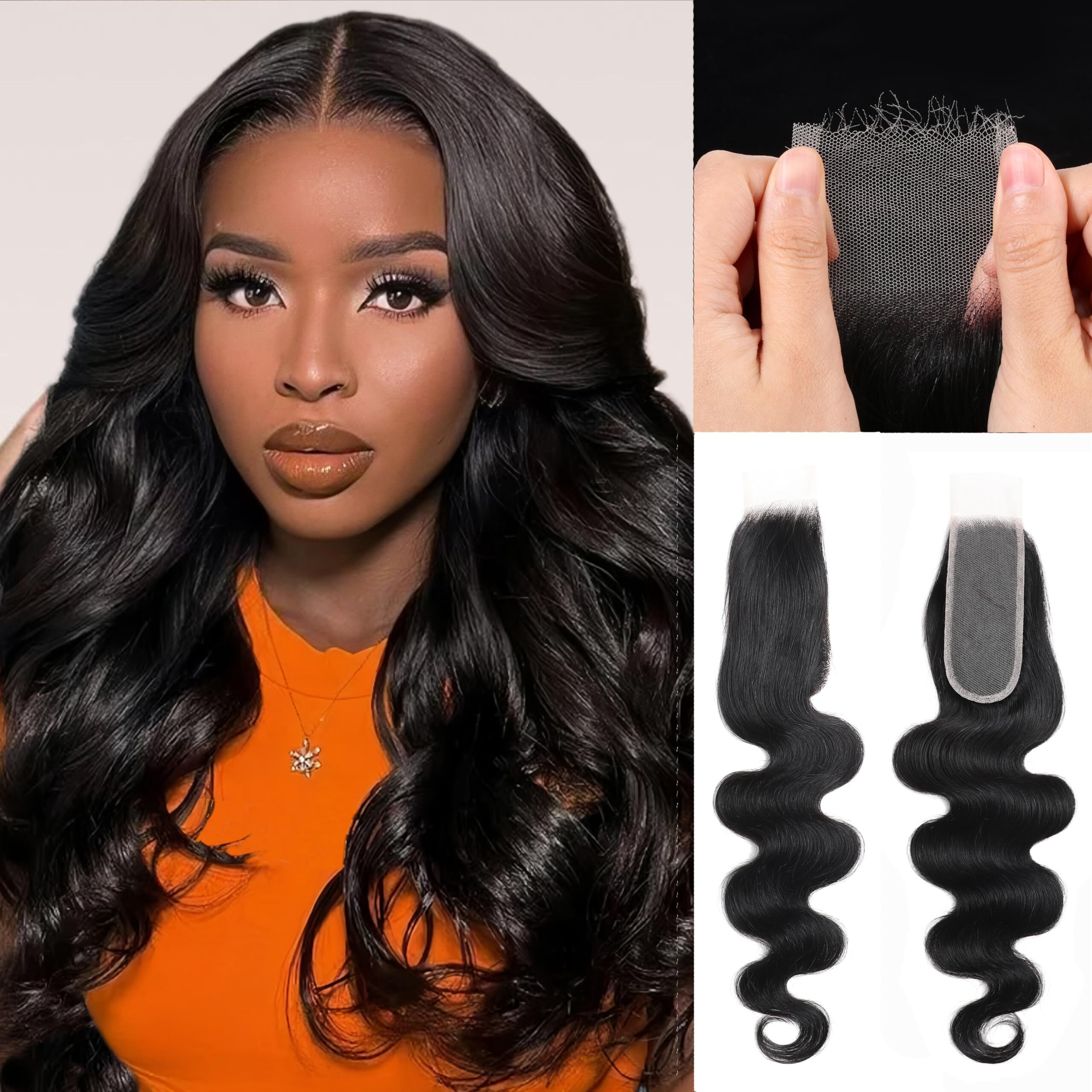 2X6 Skinlike Real Hd Lace Closure Body Wave 100% Human Hair 0.095Mm Ultra-Thin Kim K Hd Lace Closure Pre-Plucked With Natural Hairline Small Single Knots Natural Black 16 Inch