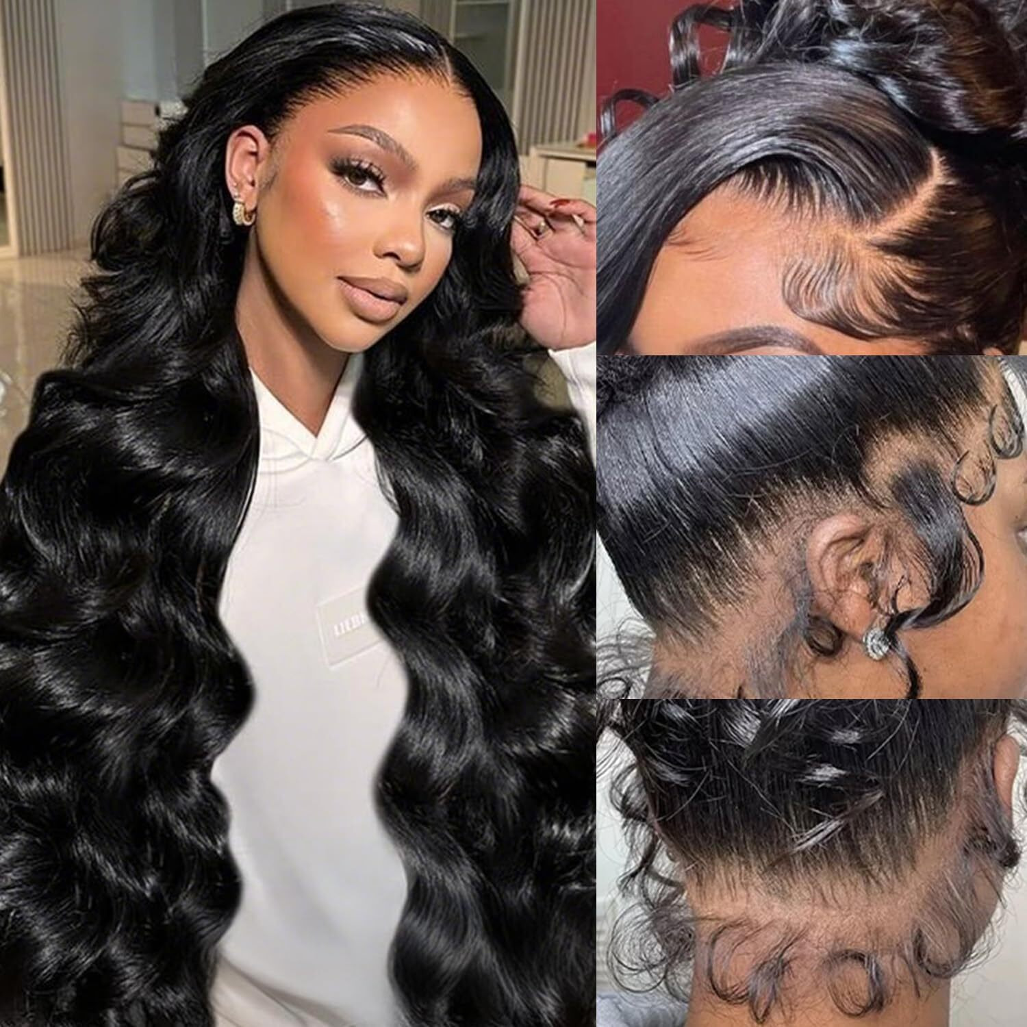 Abijale 360 Lace Front Wigs Human Hair 220% Density Hidden Straps Body Wave Hd Lace Front Wigs With Drawstring 360 Full Lace Wigs Brazilian Virgin Human Hair Wig For Women Natural Black 34Inch