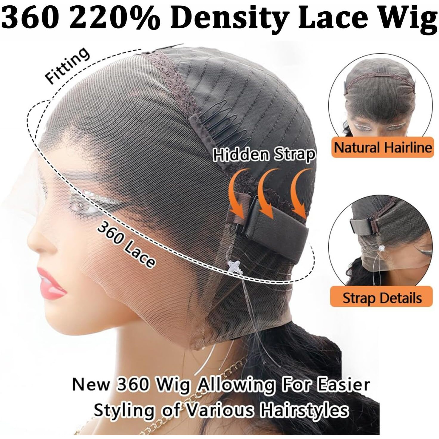 Abijale 360 Lace Front Wigs Human Hair 220% Density Hidden Straps Body Wave Hd Lace Front Wigs With Drawstring 360 Full Lace Wigs Brazilian Virgin Human Hair Wig For Women Natural Black 34Inch