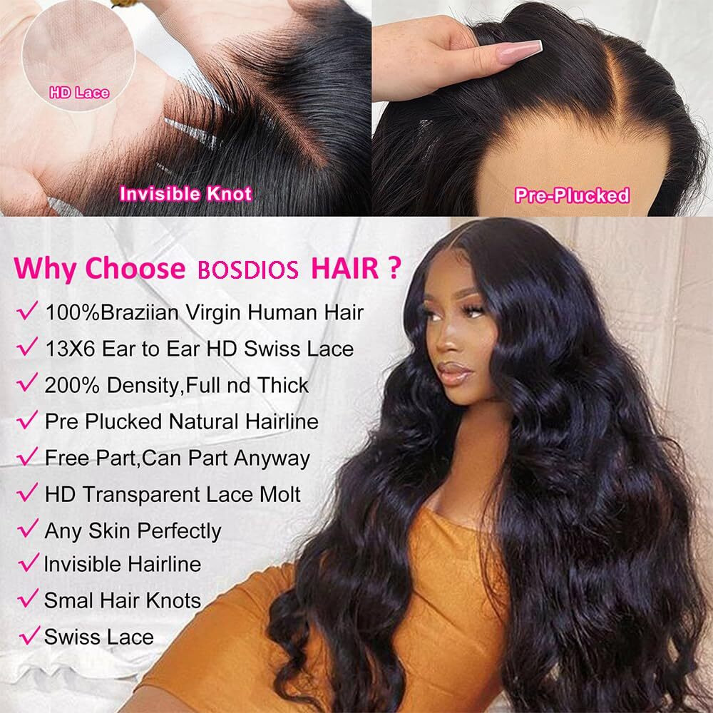 Bosdios 13X6 Body Wave Lace Front Wigs Human Hair 200% Density Hd Lace Front Wigs Human Hair Pre Plucked Natural Color Glueless Wig 100% Virgin Lace Front Wigs For Women(34Inch)