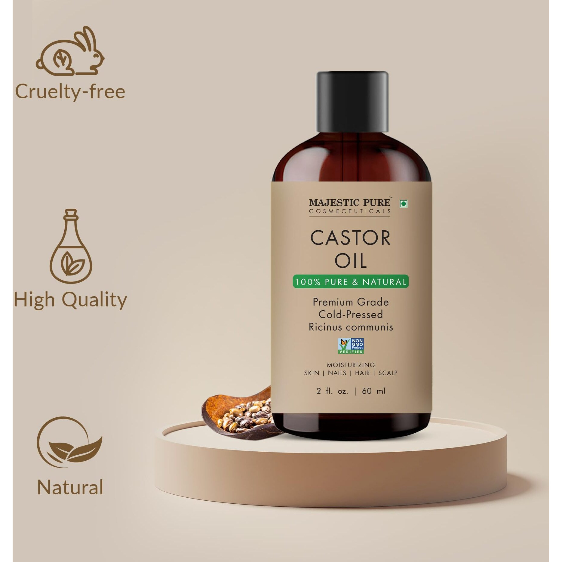 Majestic Pure Castor Oil | 100% Natural | Premium Grade Cold Pressed | Hair, Eyelashes, Eyebrows, Nails | Moisturizing & Nourishing | Body, Hair & Carrier Oil | 2 Fl Oz