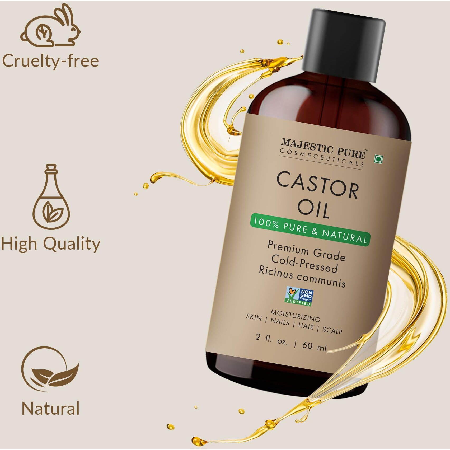 Majestic Pure Castor Oil | 100% Natural | Premium Grade Cold Pressed | Hair, Eyelashes, Eyebrows, Nails | Moisturizing & Nourishing | Body, Hair & Carrier Oil | 2 Fl Oz