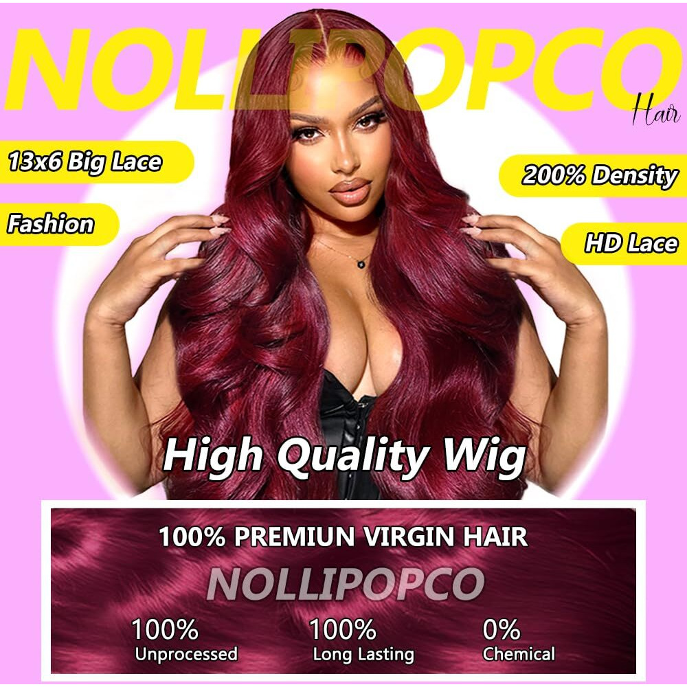 Nollipopco 32Inch 99J Burgundy Lace Front Wigs Human Hair 13X6 Hd Body Wave Lace Front Wigs Human Hair 200 Density Pre Plucked Glueless Frontal Wigs Human Hair For Black Women