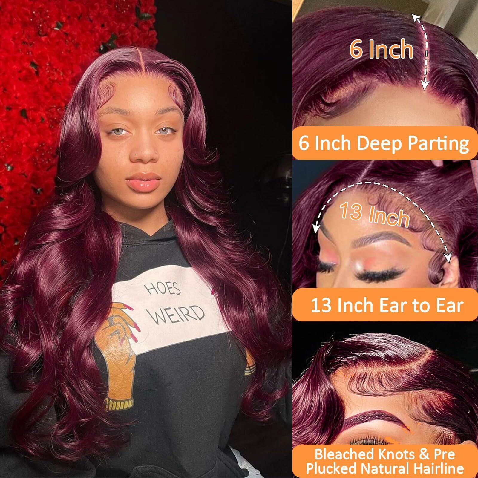 99J Burgundy Lace Front Wigs Human Hair Pre Plucked 13X6 Lace Frontal Human Hair Wigs For Black Women Body Wave Glueless Human Hair Wig 180% Density Pre Plucked Bleached Knots With Baby Hair (18 Inch)