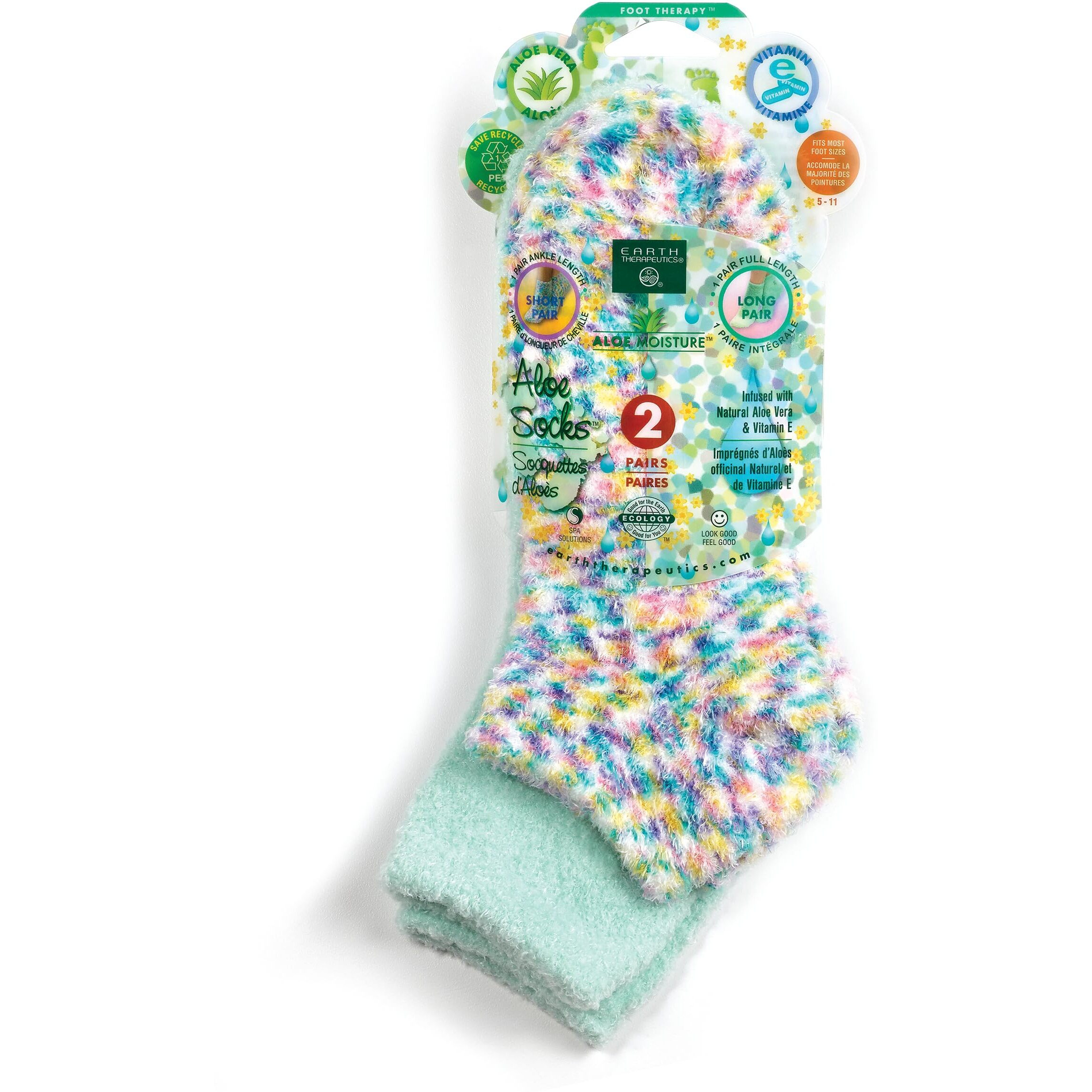 Earth Therapeutics Aloe Vera Socks - Infused W/Aloe Vera & Vitamin E - Helps Dry Feet, Calluses, Dead Skin - Use W/Lotion - Green/Confetti - 2 Pairs