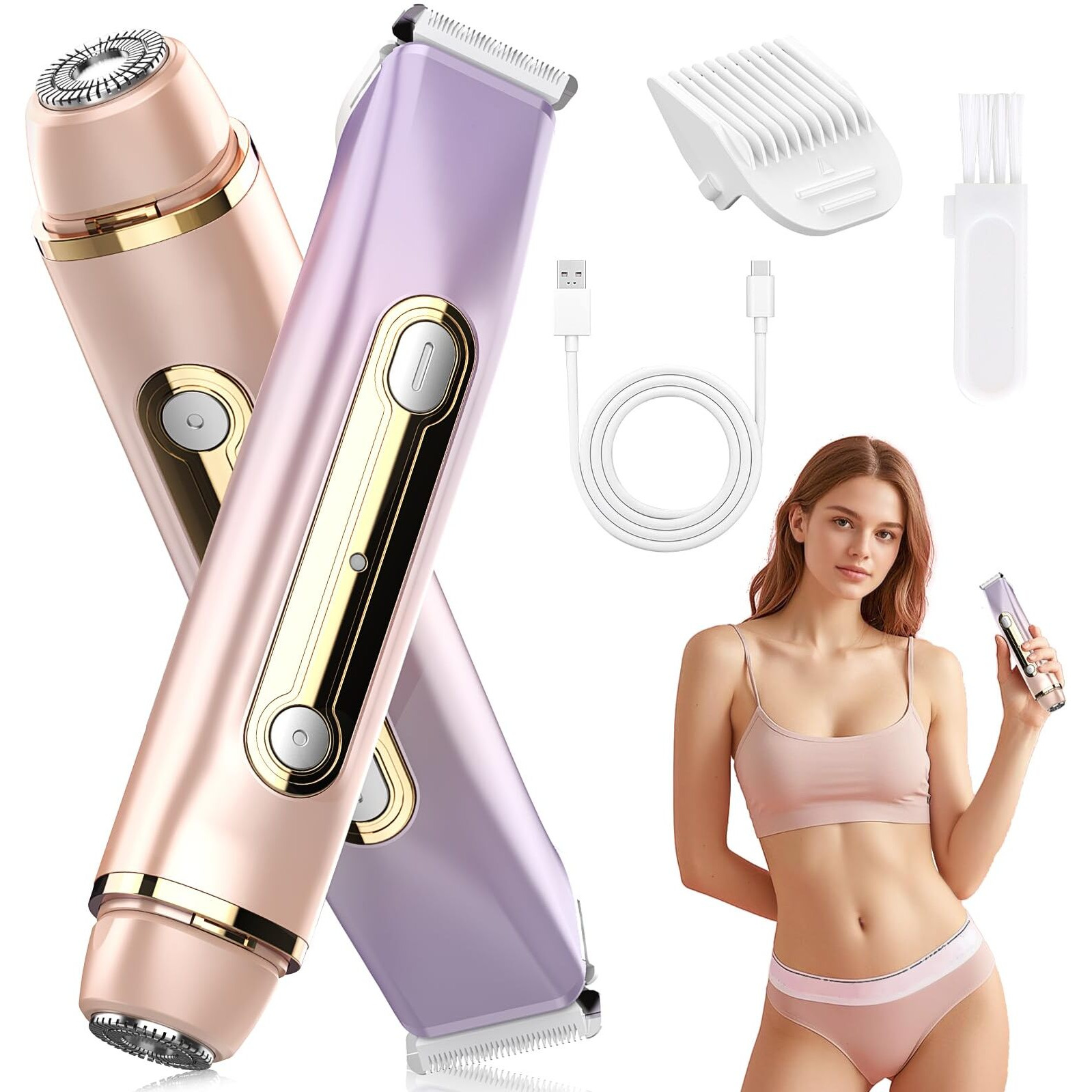 Huijutchen Bikini Trimmer For Women - 2 In 1 Dual Head Bikini Shaver, Painless Electric Razors For Silk Skin, Ceramic Blade, Waterproof Wet & Dry Use Body Hair Removal For Trip(Purple)