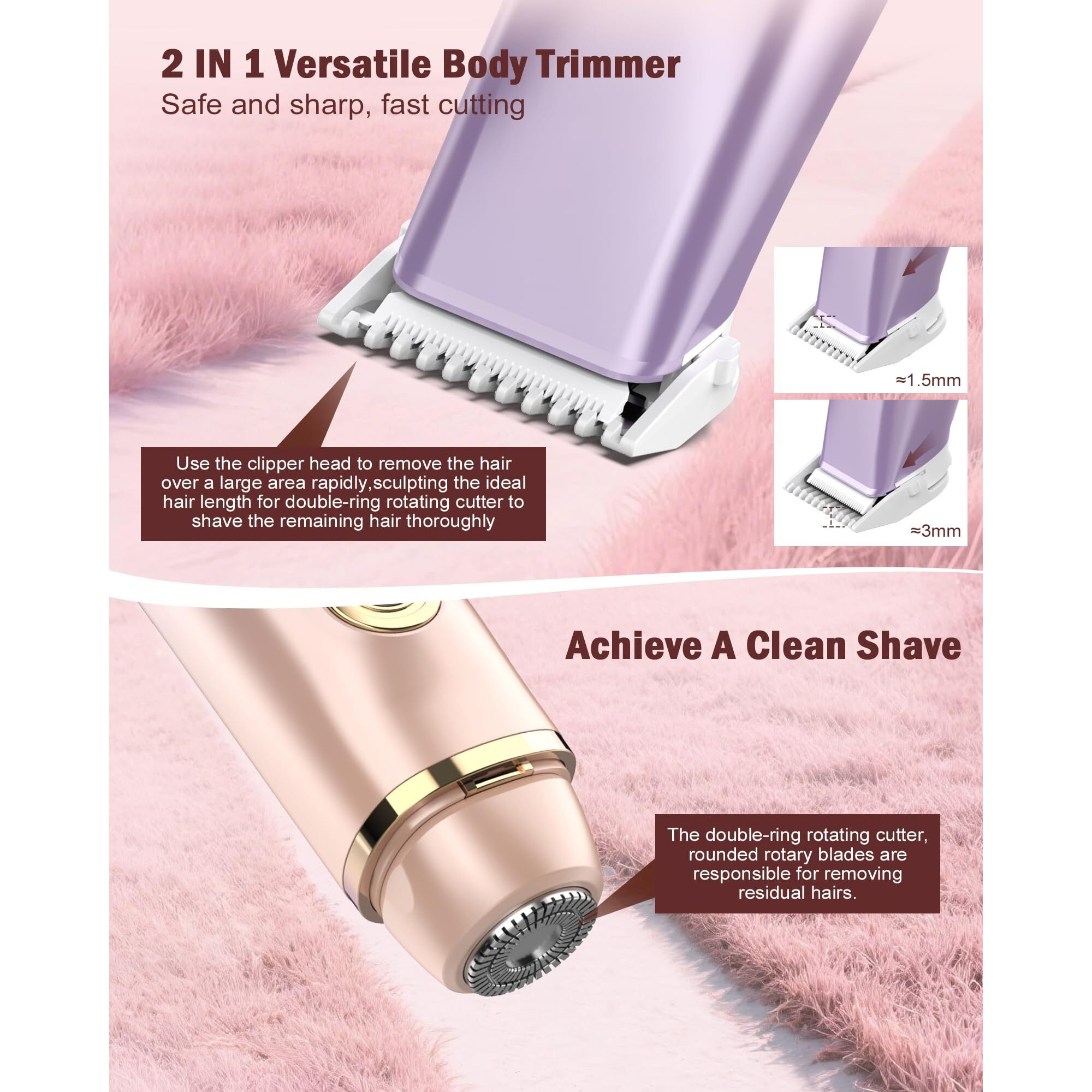 Huijutchen Bikini Trimmer For Women - 2 In 1 Dual Head Bikini Shaver, Painless Electric Razors For Silk Skin, Ceramic Blade, Waterproof Wet & Dry Use Body Hair Removal For Trip(Purple)