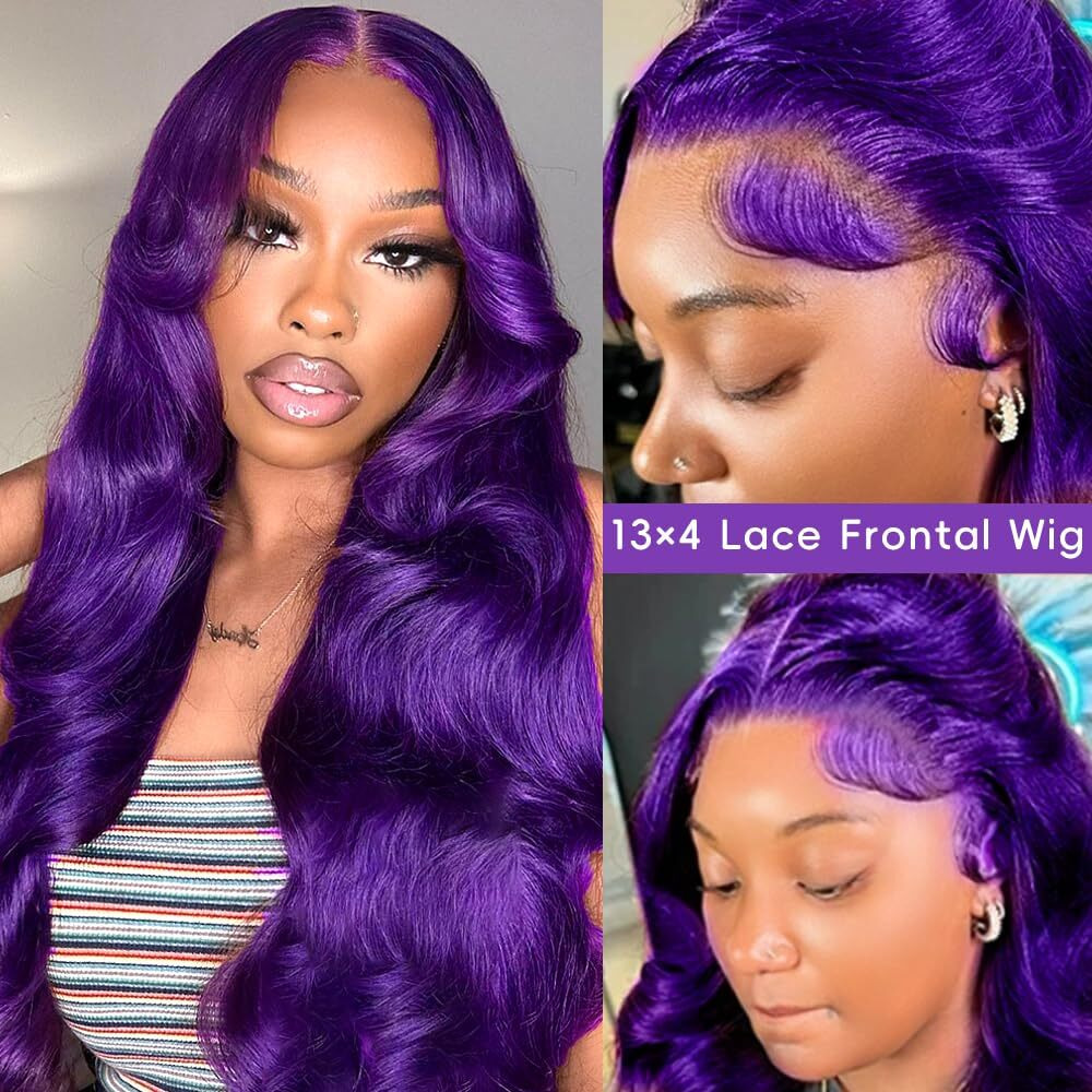 Xiapay 34 Inch Purple Wig Human Hair 13X4 Purple Body Wave Lace Front Wigs Human Hair 200% Density Hd Transparent Lace Front Colored Wigs Human Hair Pre Plucked