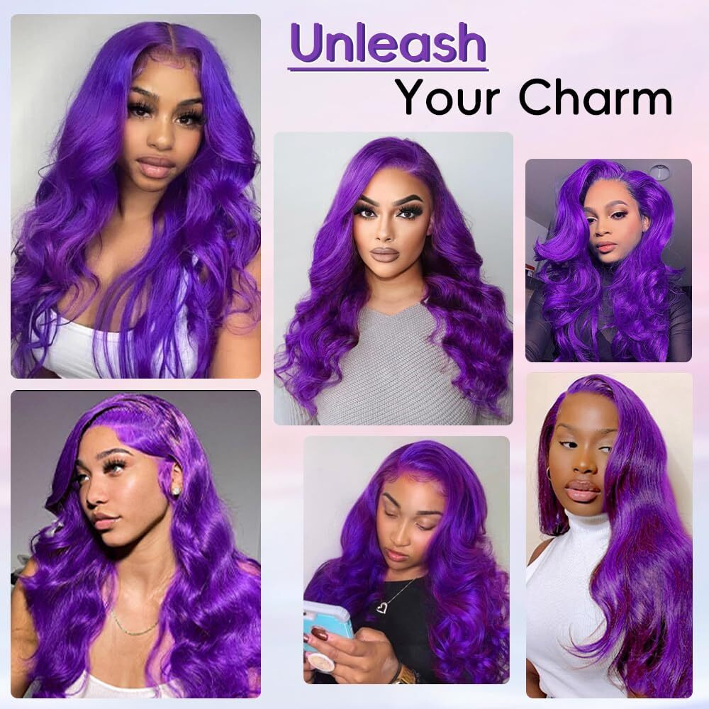 Xiapay 34 Inch Purple Wig Human Hair 13X4 Purple Body Wave Lace Front Wigs Human Hair 200% Density Hd Transparent Lace Front Colored Wigs Human Hair Pre Plucked