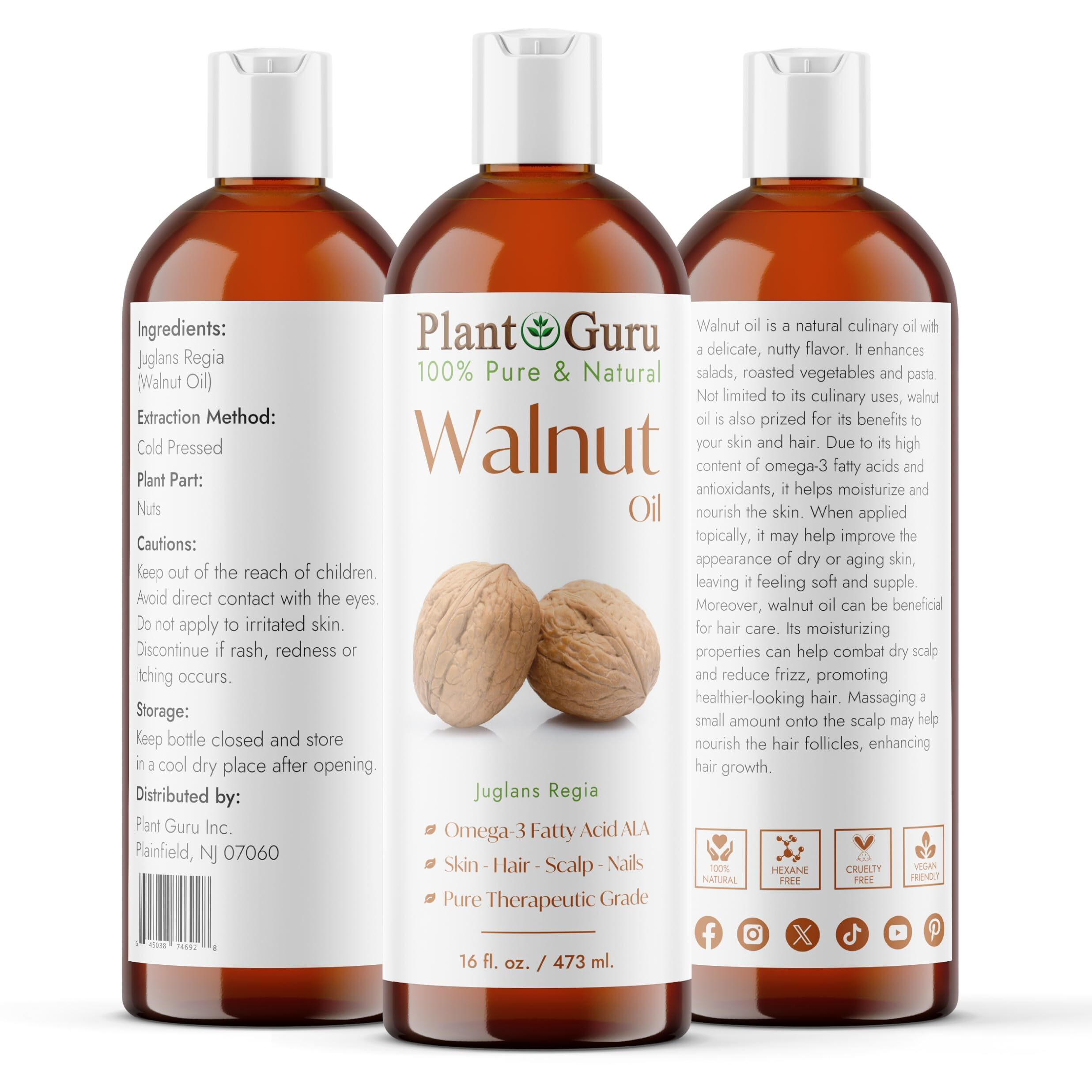 Walnut Oil 16 Fl. Oz. - Cold Pressed 100% Pure Natural - Skin, Body, Face, And Hair Growth Moisturizer. Great For Creams, Lotions, Lip Balm And Soap Making.