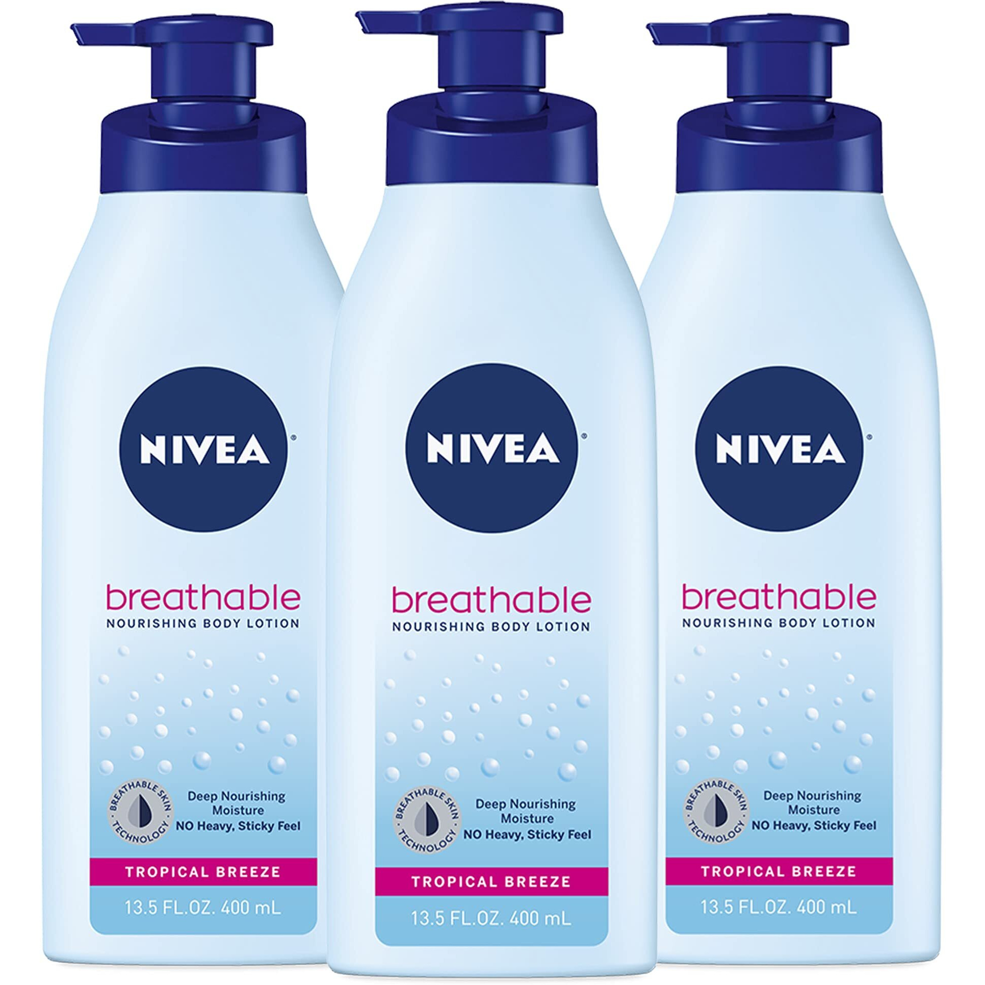 Nivea Breathable Nourishing Body Lotion Tropical Breeze, Body Lotion For Dry Skin, Pack Of Three 13.5 Fl Oz Pump Bottle
