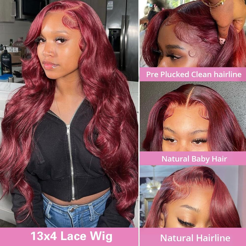 Burgundy Body Wave Lace Front Wigs Human Hair 200% Density Hd Transparent 13X4 99J Glueless Frontal Wig Pre Plucked With Baby Hair 24 Inch Wine Red Wigs For Women Brazilian Virgin Hair Colored Wig