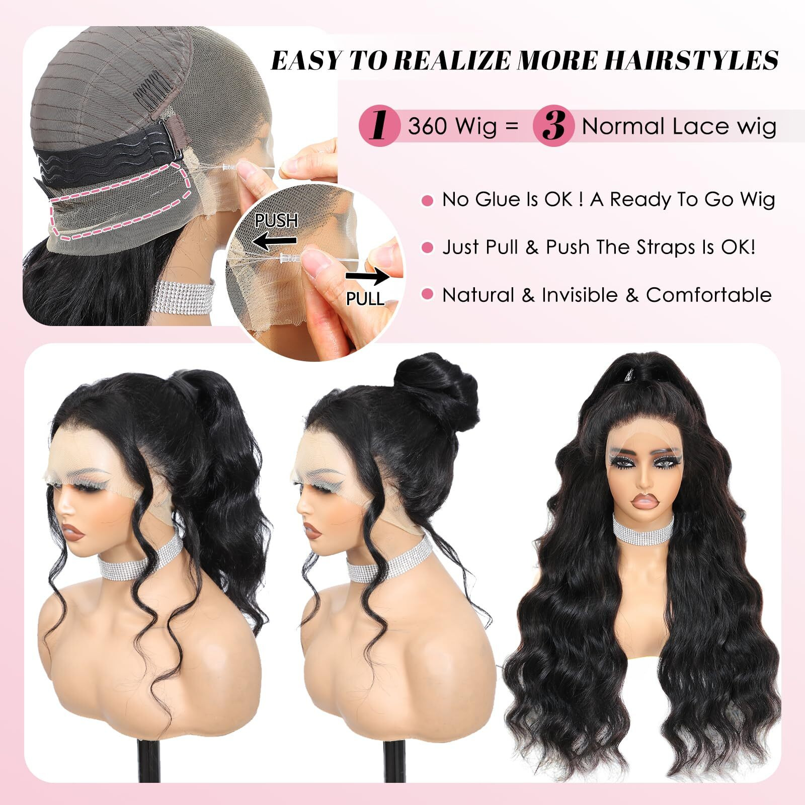 30 Inch Hidden Strap Drawstring 360 Lace Front Glueless Wigs Human Hair Pre Plucked, 200 Density Body Wave Frontal 360 Full Lace Human Hair Wigs, Glueless Hd Lace Front Wigs
