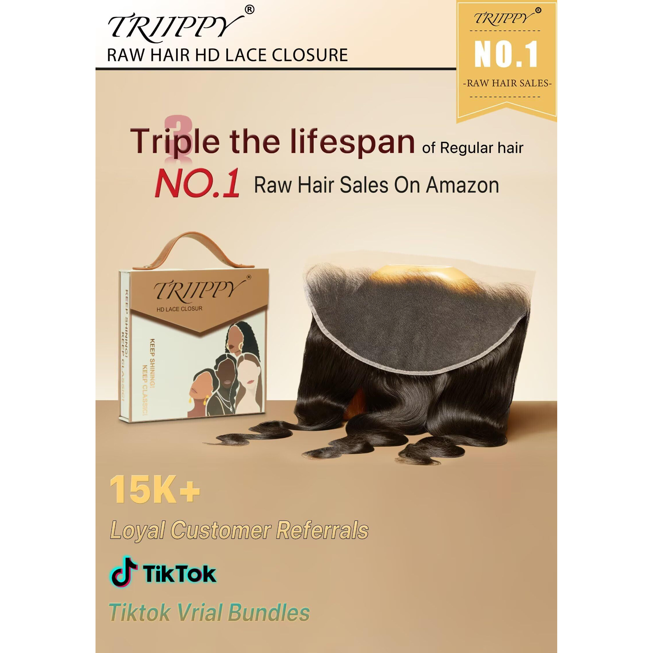 Triippy Raw Hair 13X6 Hd Lace Closure Body Wave More Less Shedding Than Regular Virgin Hair,0.10Mm Ultra-Thin 13X6 Swiss Real Hd Lace With 100% Raw Cambodian Human Hair(22 Inch)