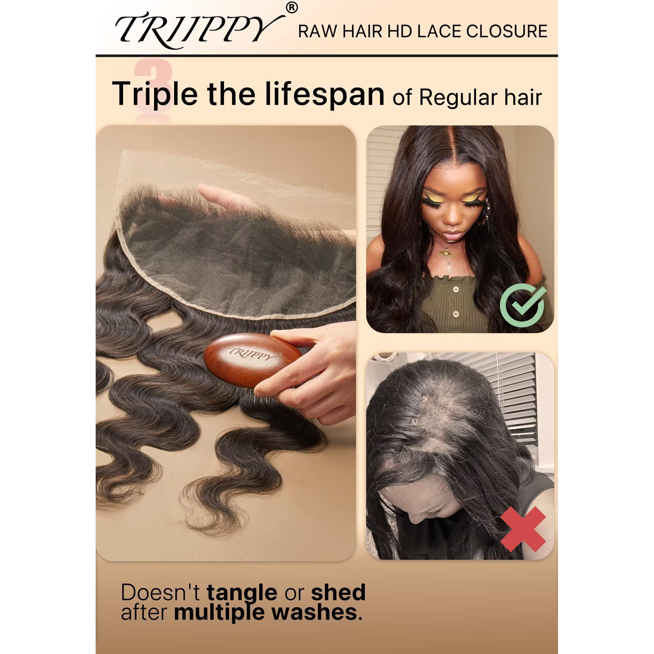 Triippy Raw Hair 13X6 Hd Lace Closure Body Wave More Less Shedding Than Regular Virgin Hair,0.10Mm Ultra-Thin 13X6 Swiss Real Hd Lace With 100% Raw Cambodian Human Hair(22 Inch)