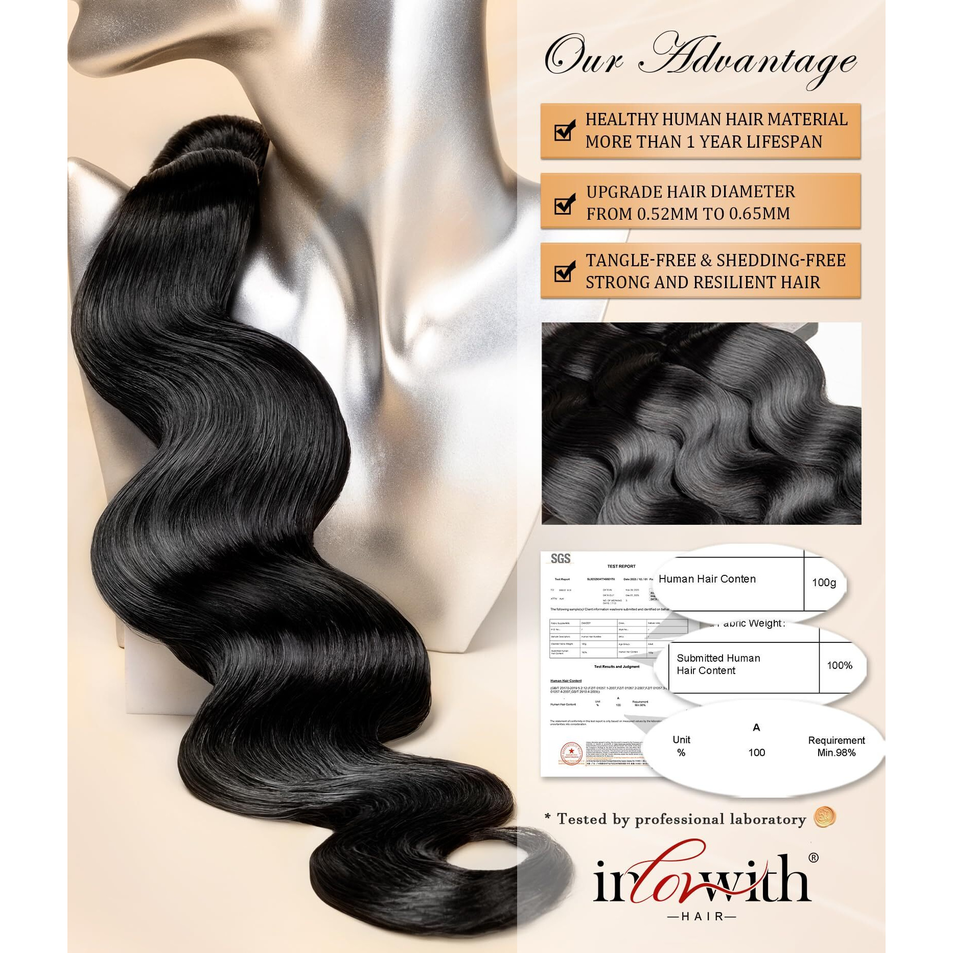 Inlovwith Healthy Human Hair Bundles, Body Wave Bundles Human Hair, 100% Unprocessed Selected Healthy Brazilian Virgin Hair Extensions(3 Bundles, 22 24 26 Inches)