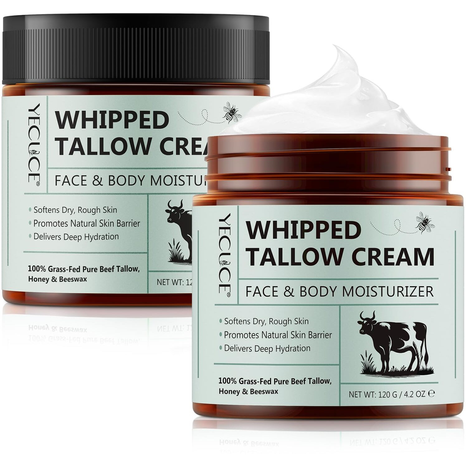 Nifeishi 2 Pack Beef Tallow For Skin, Whipped Tallow And Honey Balm, Grass Fed & Organic Tallow Face Moisturizer Lip Balm, Deeply Moisturizing For Face & Body, 120G/4.2 Oz