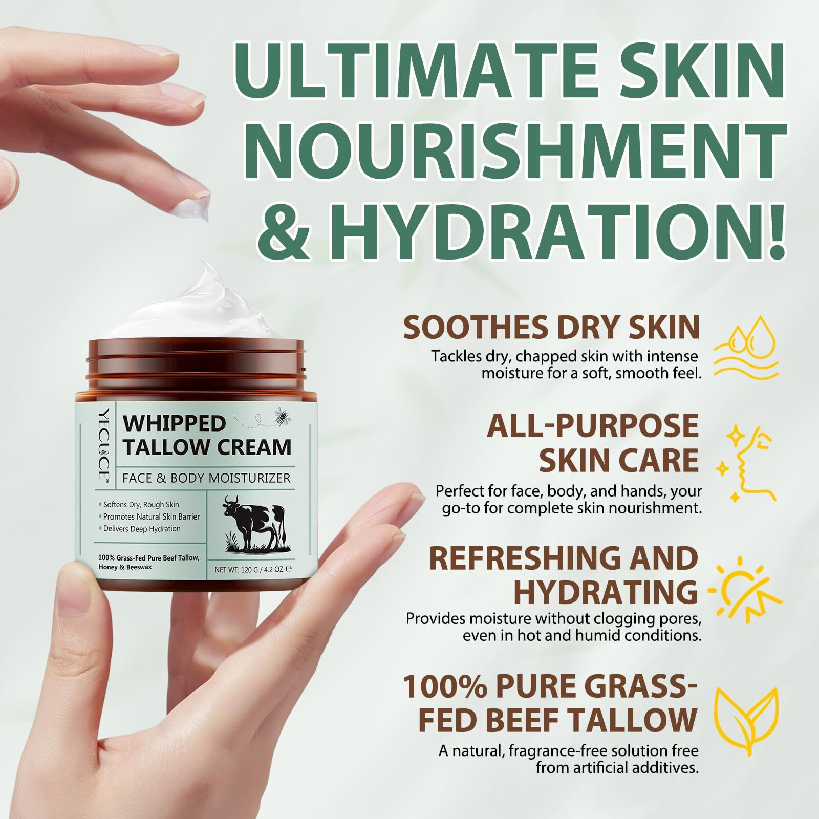 Nifeishi 2 Pack Beef Tallow For Skin, Whipped Tallow And Honey Balm, Grass Fed & Organic Tallow Face Moisturizer Lip Balm, Deeply Moisturizing For Face & Body, 120G/4.2 Oz