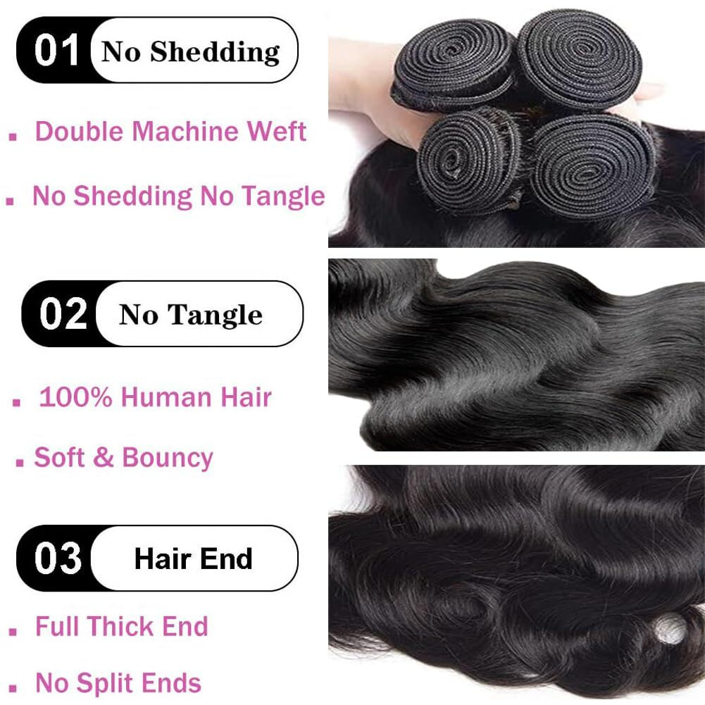 Lockoe Human Hair Bundles 4 Bundles 22 24 26 28 Inch Hair Extensions Body Wave Bundles Human Hair 100% Unprocessed Brazilian Virgin Hair Quick Weave Bundles Sew In Hair Natural Black