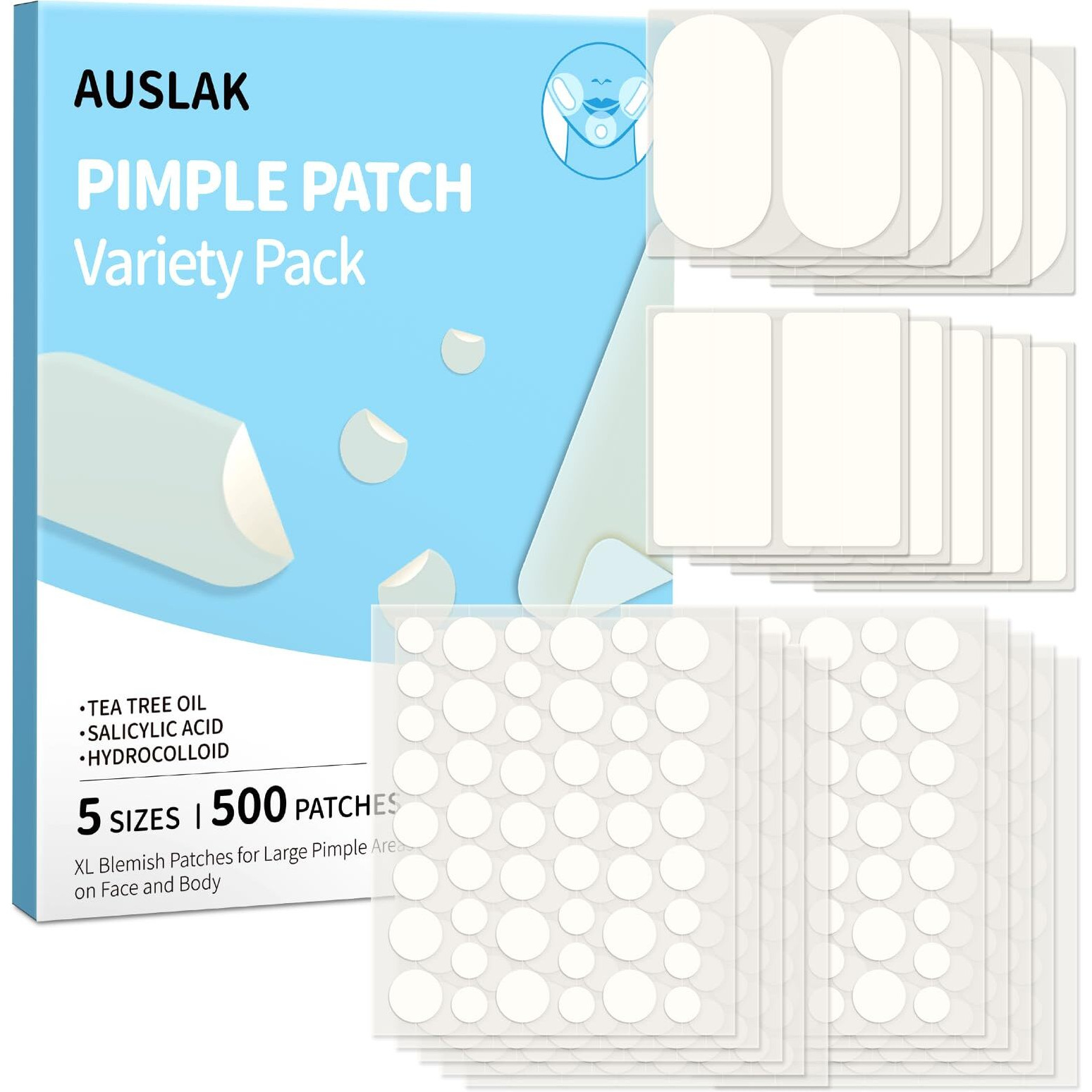 Auslka Large Pimple Patches For Face (5 Sizes 500 Patches), Xl Hydrocolloid Pimple Patch, Big Hydrocolloid Zit Spot Patches For Breakouts, Body, Cheek, Forehead, Chin And Back