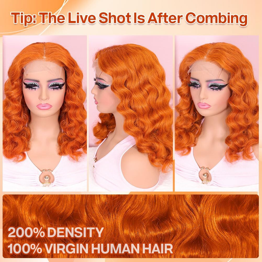 Omswet Ginger Body Wave 5X5 Hd Lace Closure Bob Wigs For Black Women Wear And Go Wigs Human Hair Pre Plucked Pre Bleached Body Wave Bob Wig Human Hair Wig 200 Density 350 16 Inch Orange Wavy Wig
