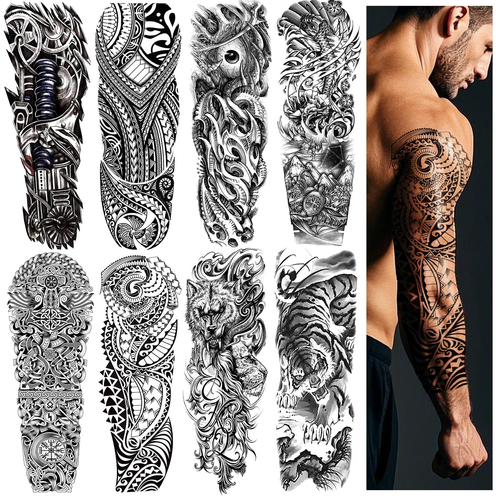 8 Sheets Full Arm Black Scary Temporary Tattoos For Men Adults, Temp Millitary Tattoos Sleeve For Women, Waterproof Totem Body Arm Chest Shoulder Wolf Flower Fake Tattoo Stickers Animal