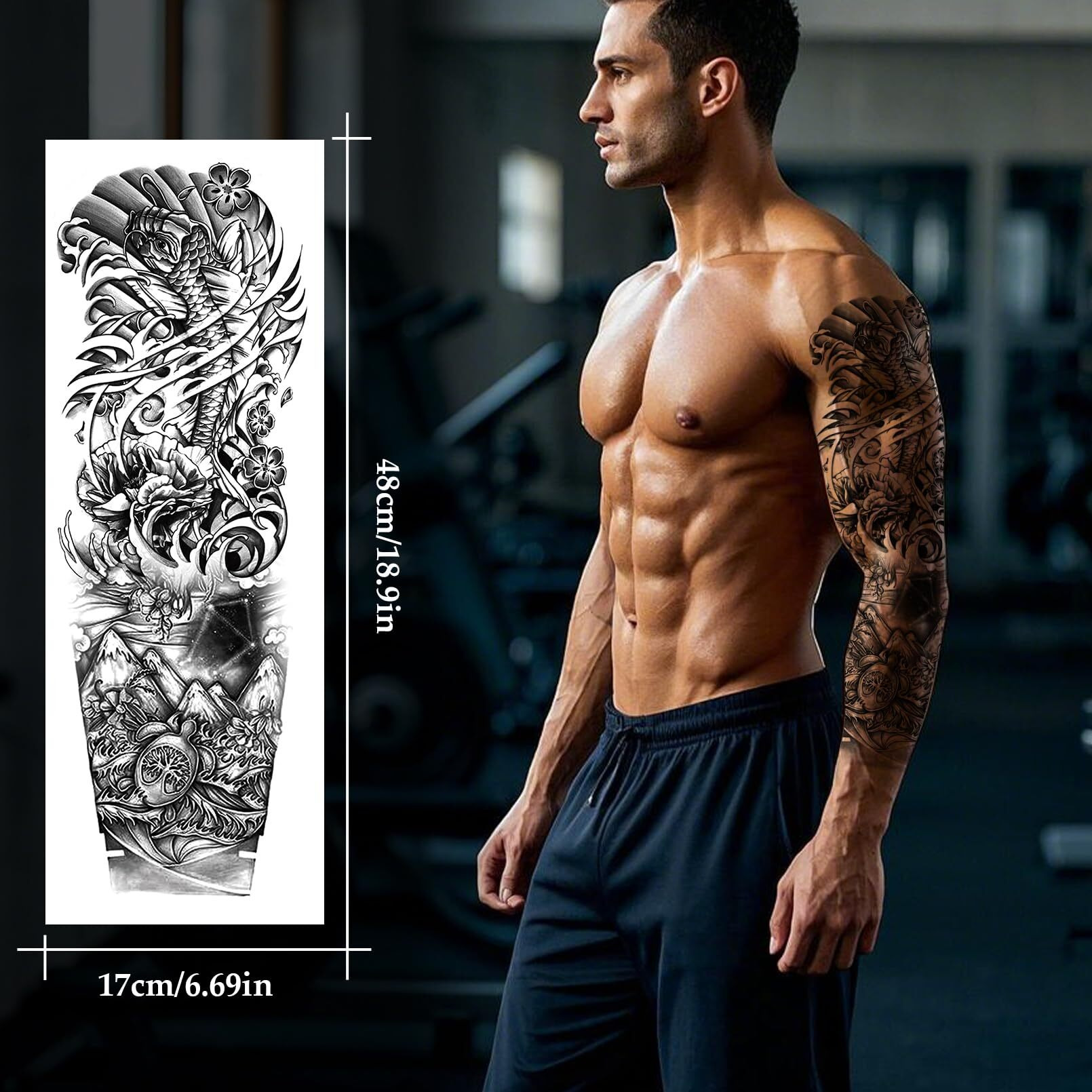 8 Sheets Full Arm Black Scary Temporary Tattoos For Men Adults, Temp Millitary Tattoos Sleeve For Women, Waterproof Totem Body Arm Chest Shoulder Wolf Flower Fake Tattoo Stickers Animal
