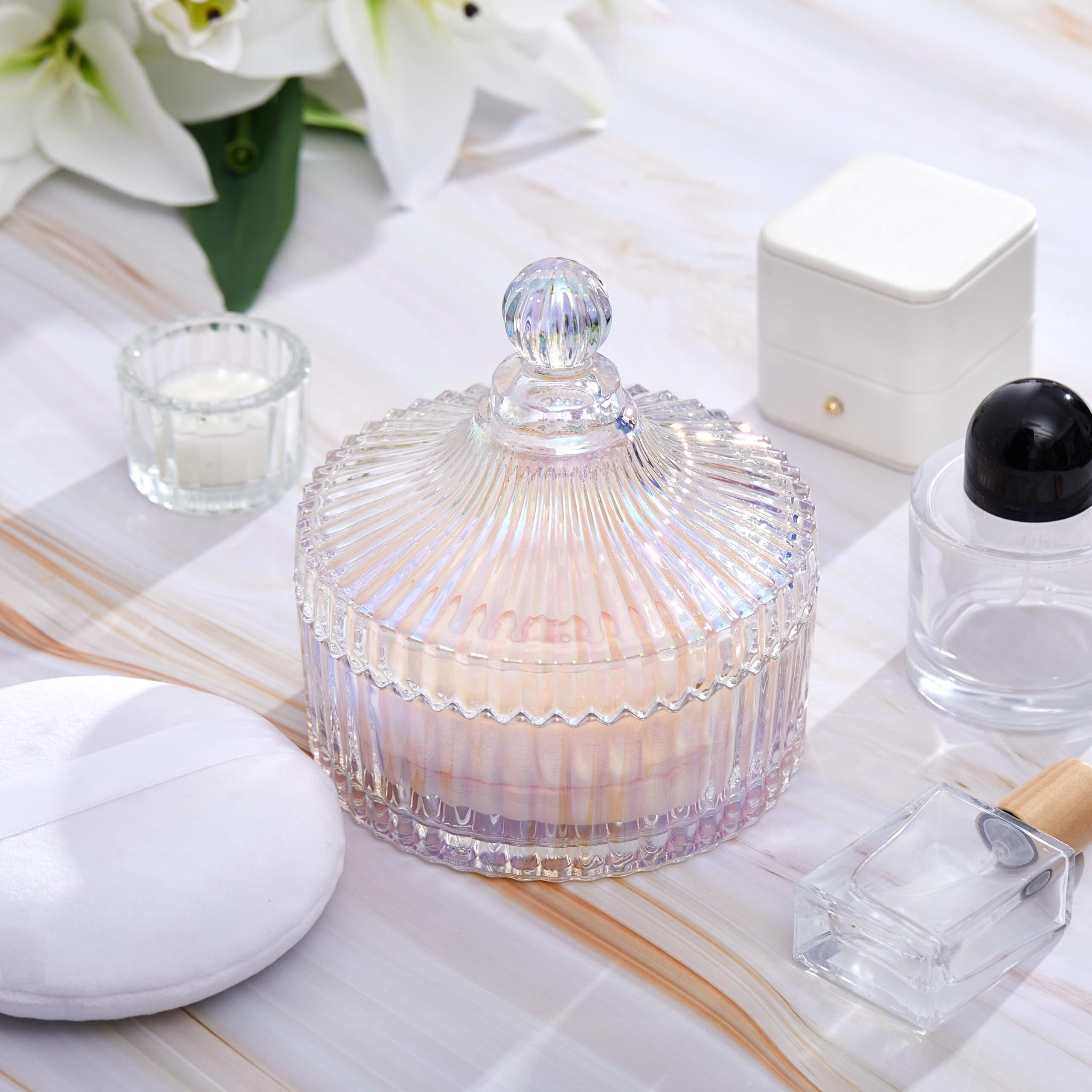 Tioncy 3 Pcs Extra Large Body Powder Puff And Container 5.43'' Glass Body Container With 5.12'' Powder Puff Glass Jar For Women's Talcum(Dazzling)