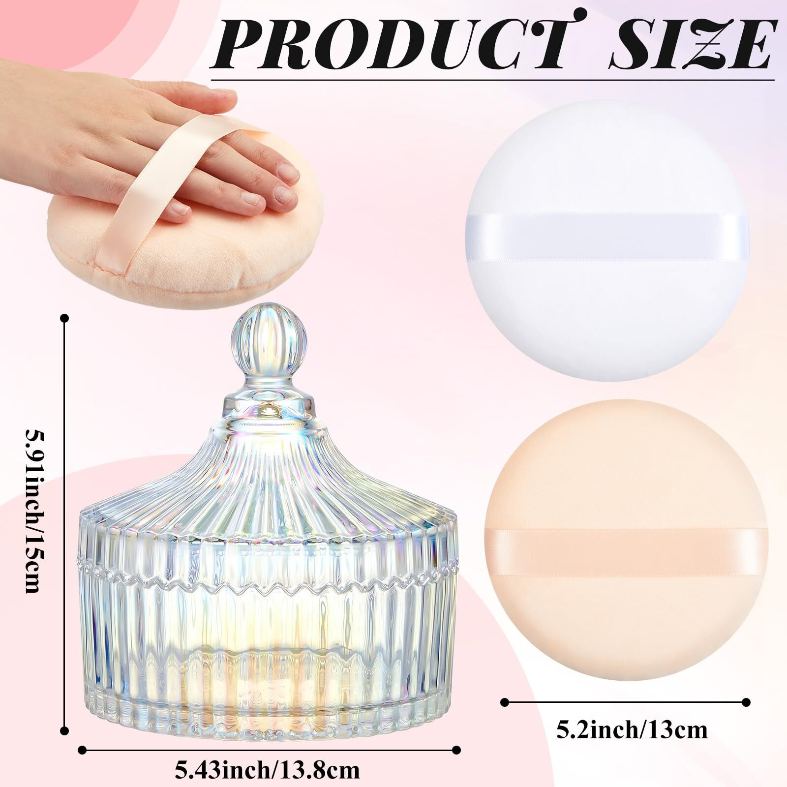 Tioncy 3 Pcs Extra Large Body Powder Puff And Container 5.43'' Glass Body Container With 5.12'' Powder Puff Glass Jar For Women's Talcum(Dazzling)