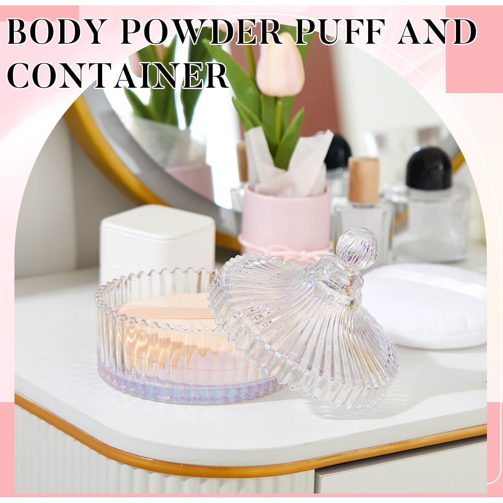 Tioncy 3 Pcs Extra Large Body Powder Puff And Container 5.43'' Glass Body Container With 5.12'' Powder Puff Glass Jar For Women's Talcum(Dazzling)
