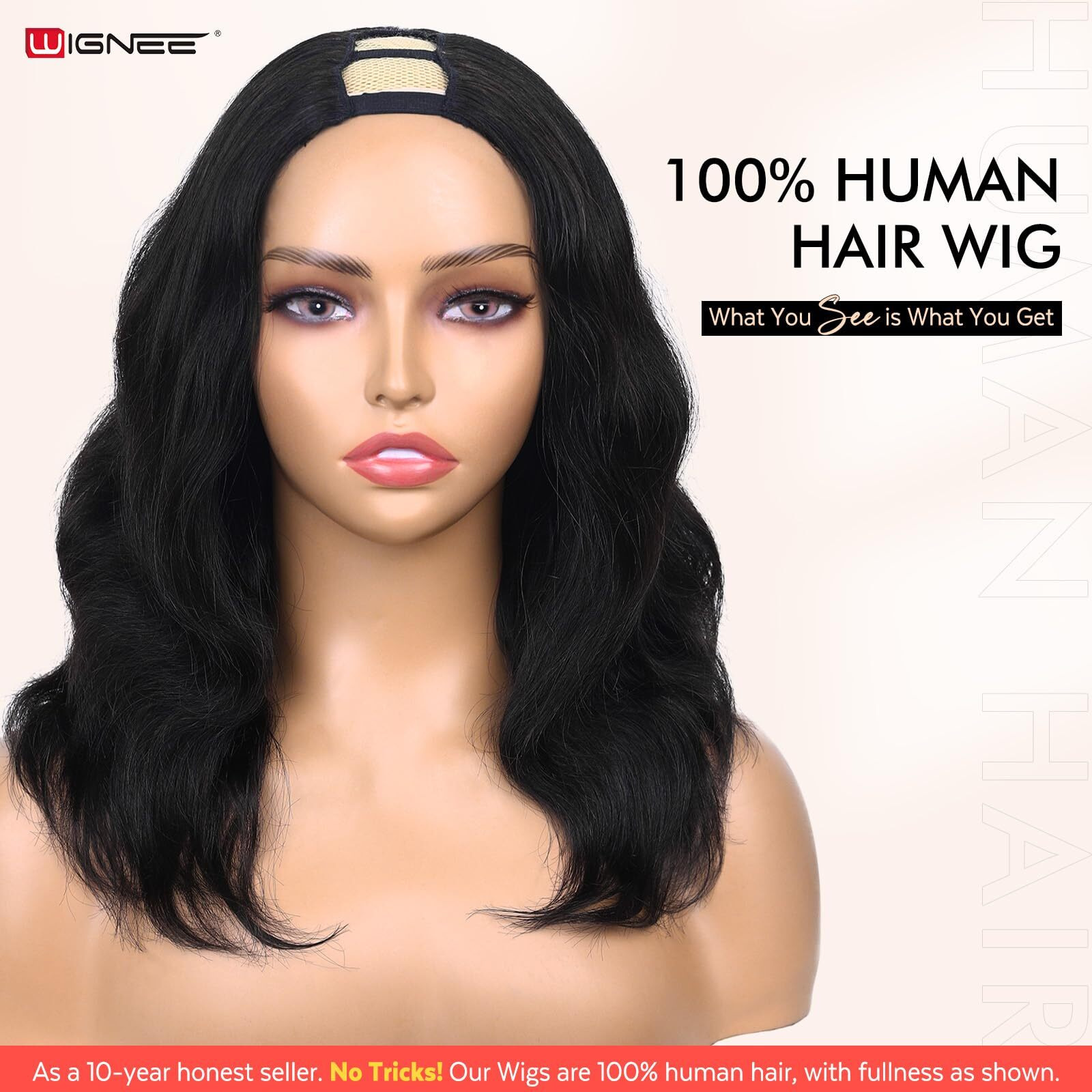 Wignee U Part Human Hair Wig Body Wave | True Curved 14"" Length No Stretching | 100% Unprocessed Brazilian Virgin Hair | 200% Density V Part Body Wave Wigs For Black Women Human Hair Glueless