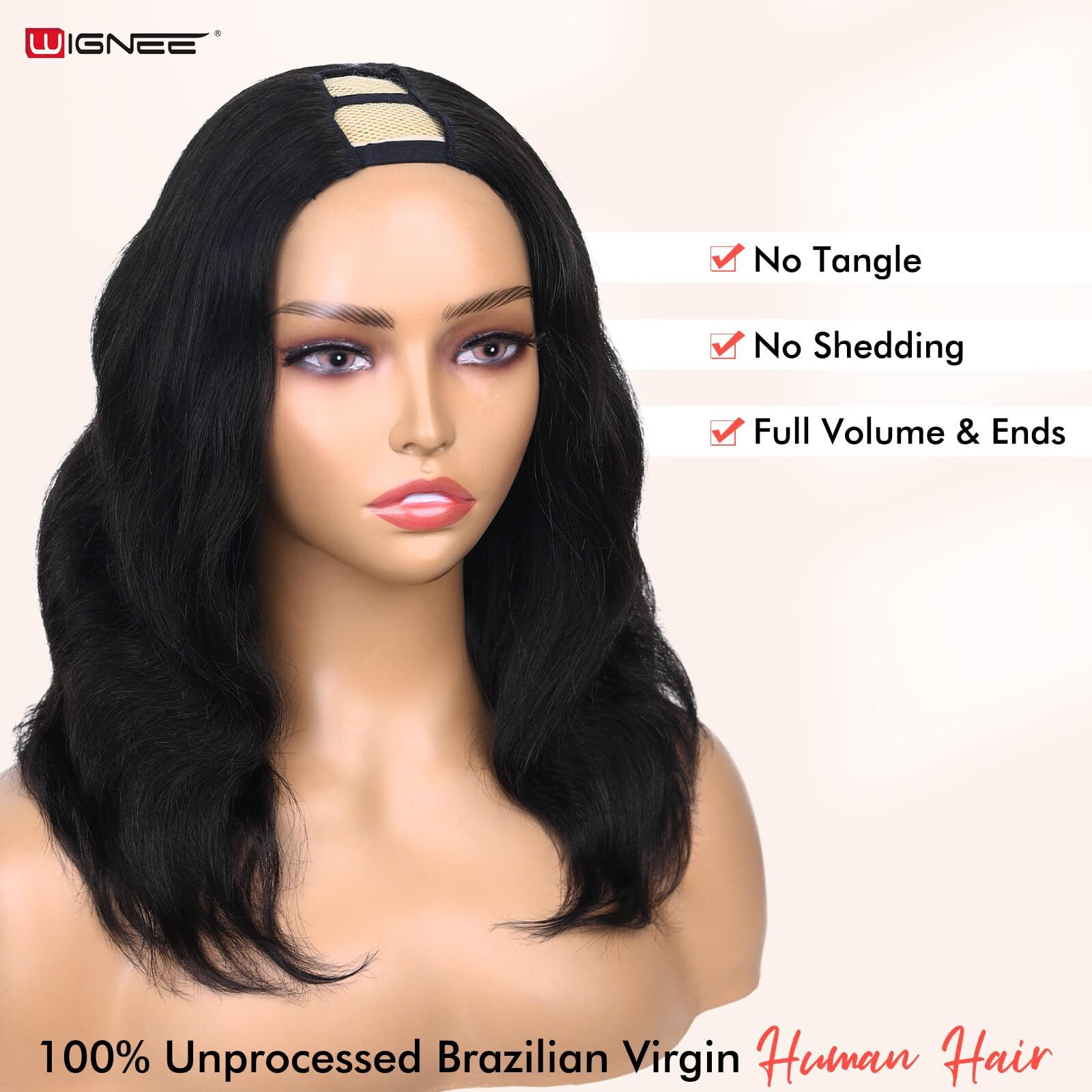 Wignee U Part Human Hair Wig Body Wave | True Curved 14"" Length No Stretching | 100% Unprocessed Brazilian Virgin Hair | 200% Density V Part Body Wave Wigs For Black Women Human Hair Glueless