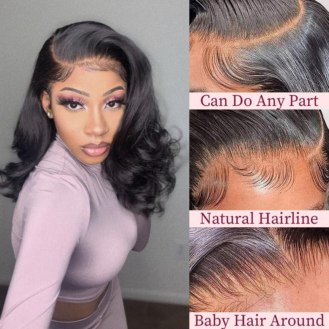 Yingrun Bob Wig Human Hair 12 Inch 13X4 Body Wave Lace Front Wigs Human Hair 180% Density Pre Plucked Natural Black With Baby Hair