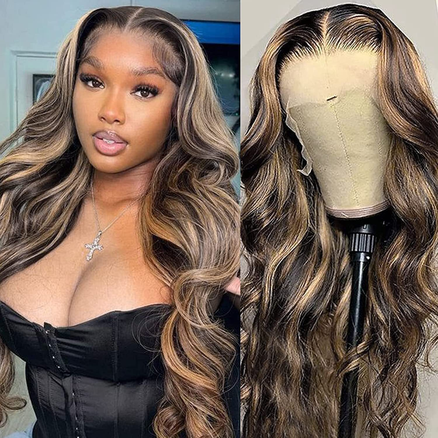 Megalook Hair 13X4 Ombre Highlight Wig Human Hair 200% Density Hd Lace Front Body Wave Wig Pre Plucked Frontal Balayage Wig Pre Bleached Human Hair Wigs 18 Inch 1B/27
