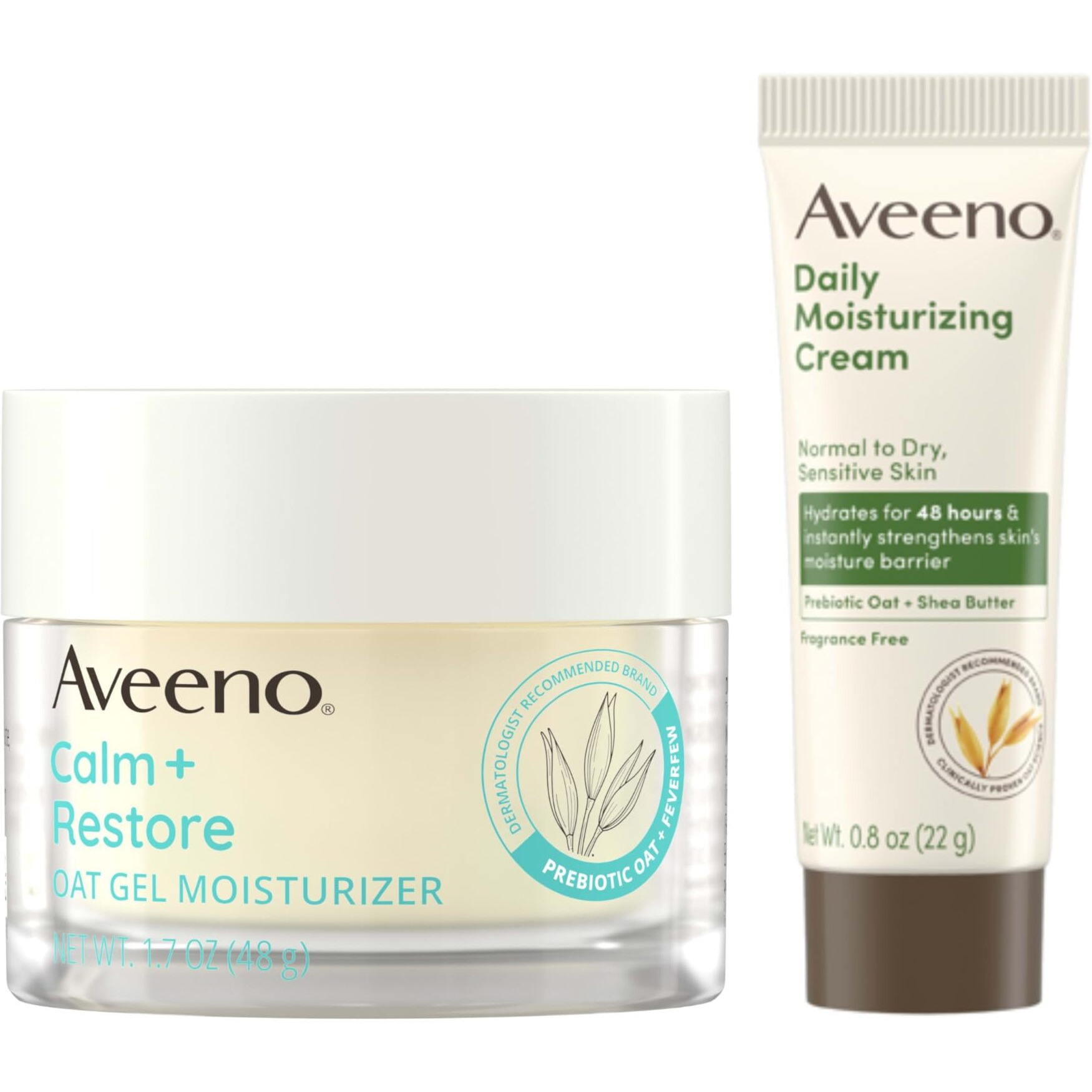 Aveeno Sensitive Skin Moisturizer Bundle, Calm + Restore Oat Gel Facial Moisturizer, 1.7 Oz, & Trial Size Daily Moisturizing Cream + Prebiotic Oat, 0.5 Oz, Fragrance-Free, Two Items