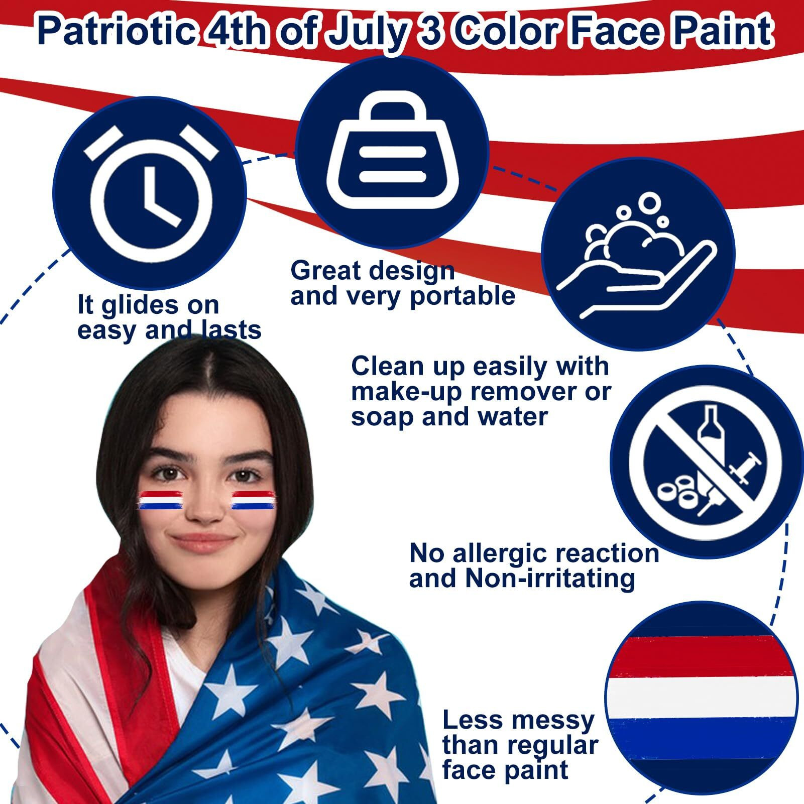 4Pcs Red White And Blue Face Paint Stick, Long Lasting Patriotic Body Painting Baseball Eye Black America Usa Flag Makeup Stick 4Th Of July Accessories For Kids Women Men Sports Party Independence Day