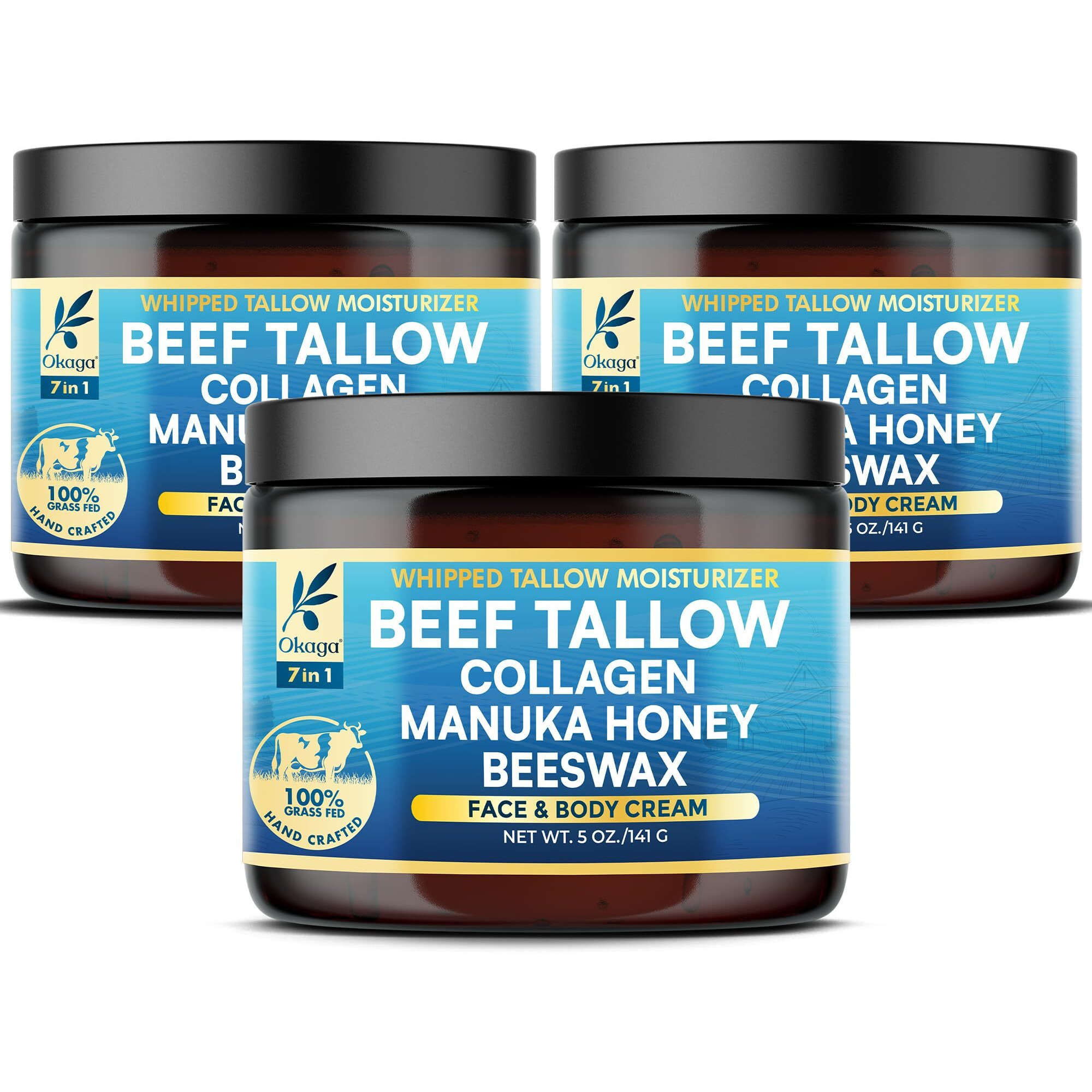 Okaga Beef Tallow For Skin, Organic Grass-Fed Beef Tallow Balm With Manuka Honey, Aloe Vera, Jojoba Oil, Collagen & Beeswax, Olive Oil, Moisturizer For Dry Skin, Nourishes Face, Body & Lips (3 Pack)