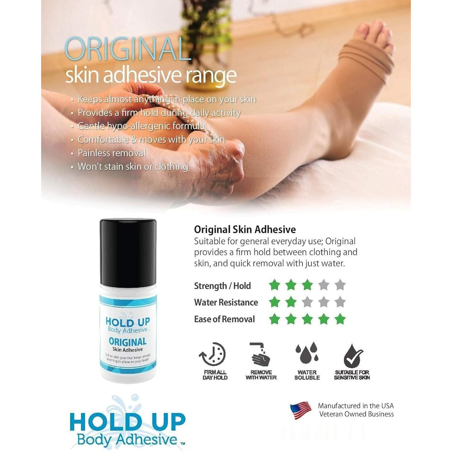 Hold Up Body Adhesive Original Roll-On - Body Glue For Dancers, Skin Adhesive For Compression Stockings, Sock Glue For Costumes, Lingerie, Cosplay, Fashion & Support Wear - 2 Oz Bottle (4)